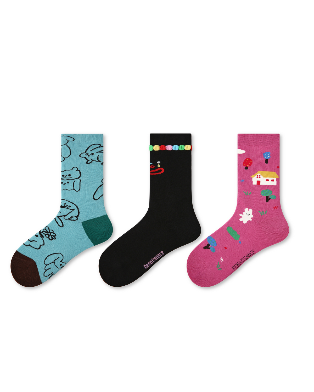 3 Pack Womens Crew Socks Rainbow Animals Cute Cartoon Pattern