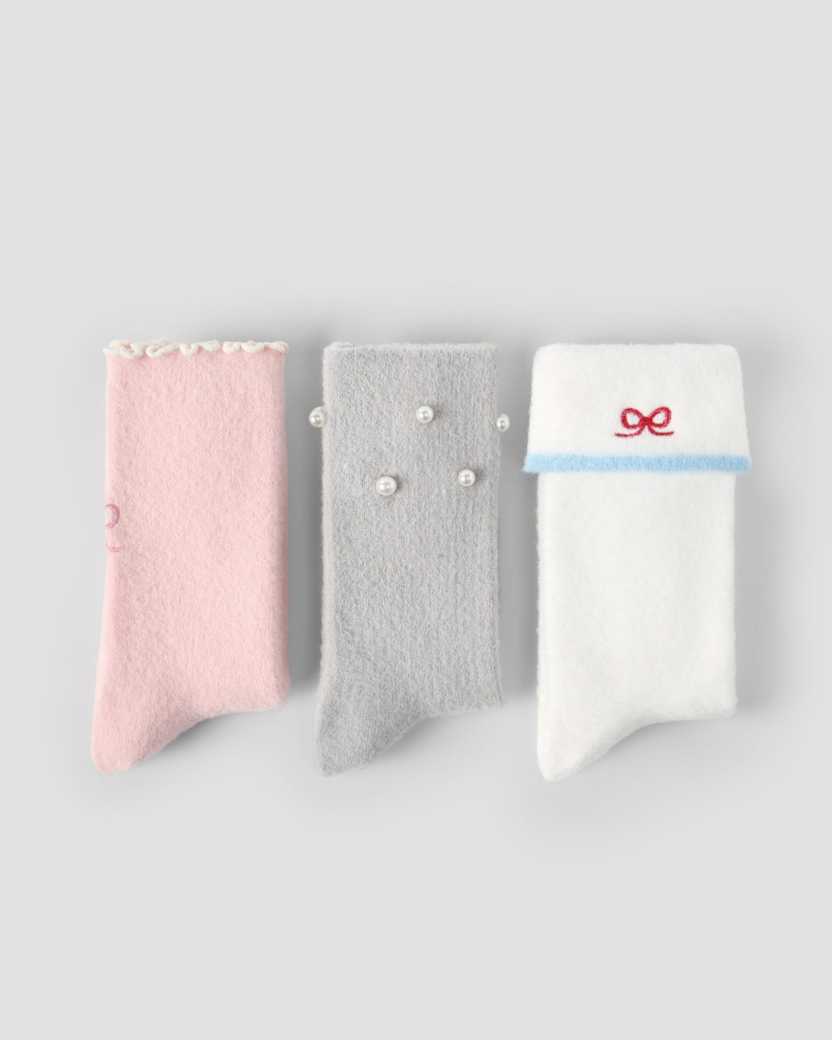 3 Pack Womens Crew Socks Snow Domain Warm Pearl Bow Fuzzy