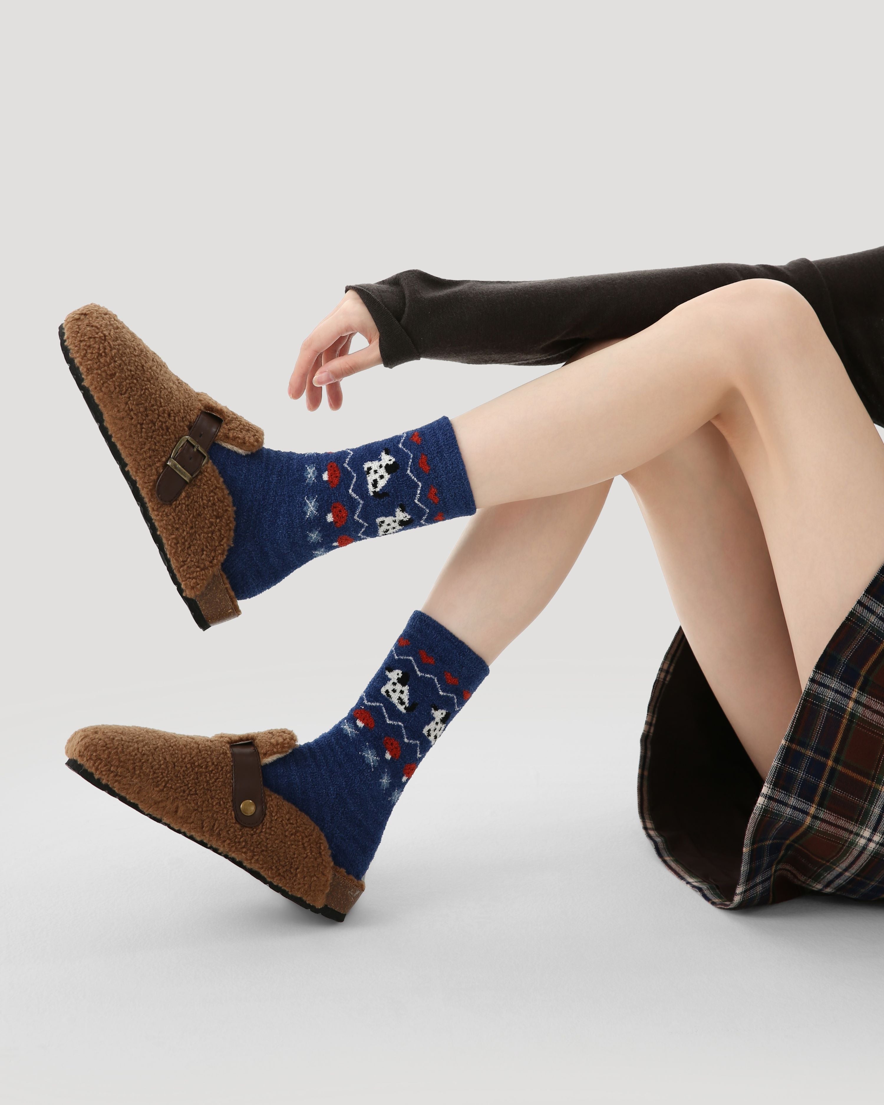 3 Pack Womens Crew Socks Snowy Children's Painting Nordic Animal Fuzzy