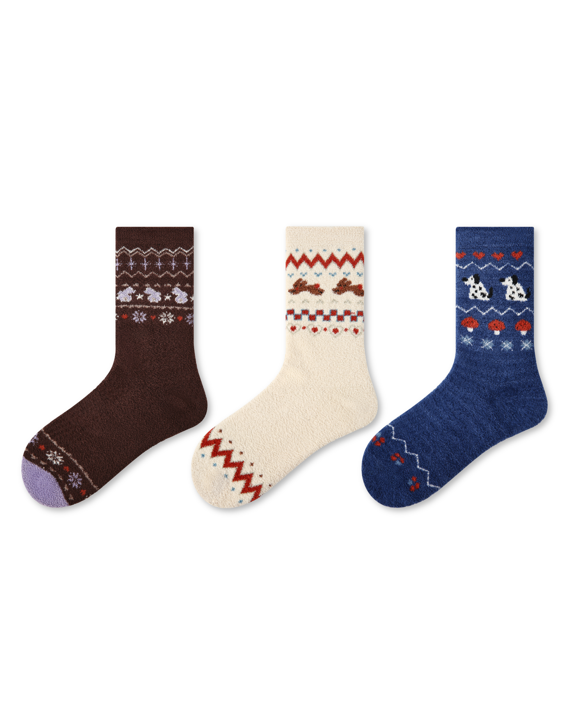 3 パック レディース クルーソックス｜雪景色のキッズ絵柄 ノルディック動物 ふわふわ