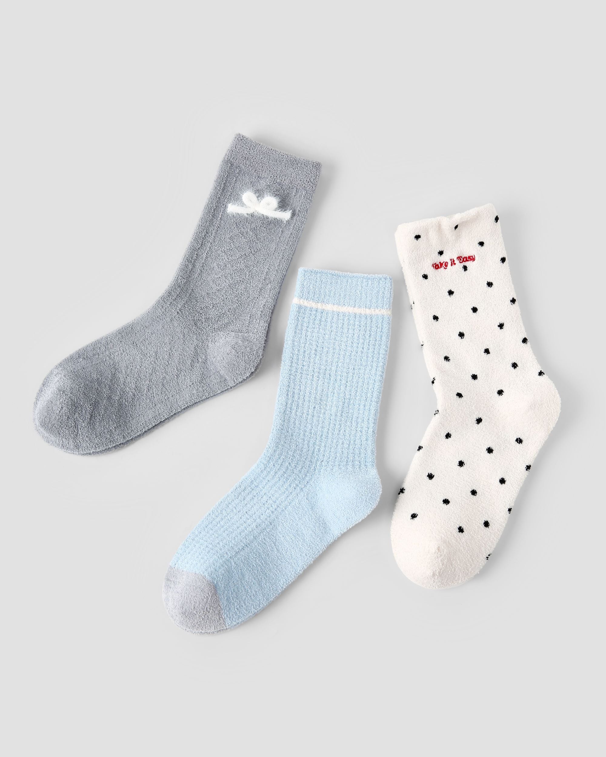 3 Pack Womens Crew Socks Sunny Blue Puff Bow Polka Dot