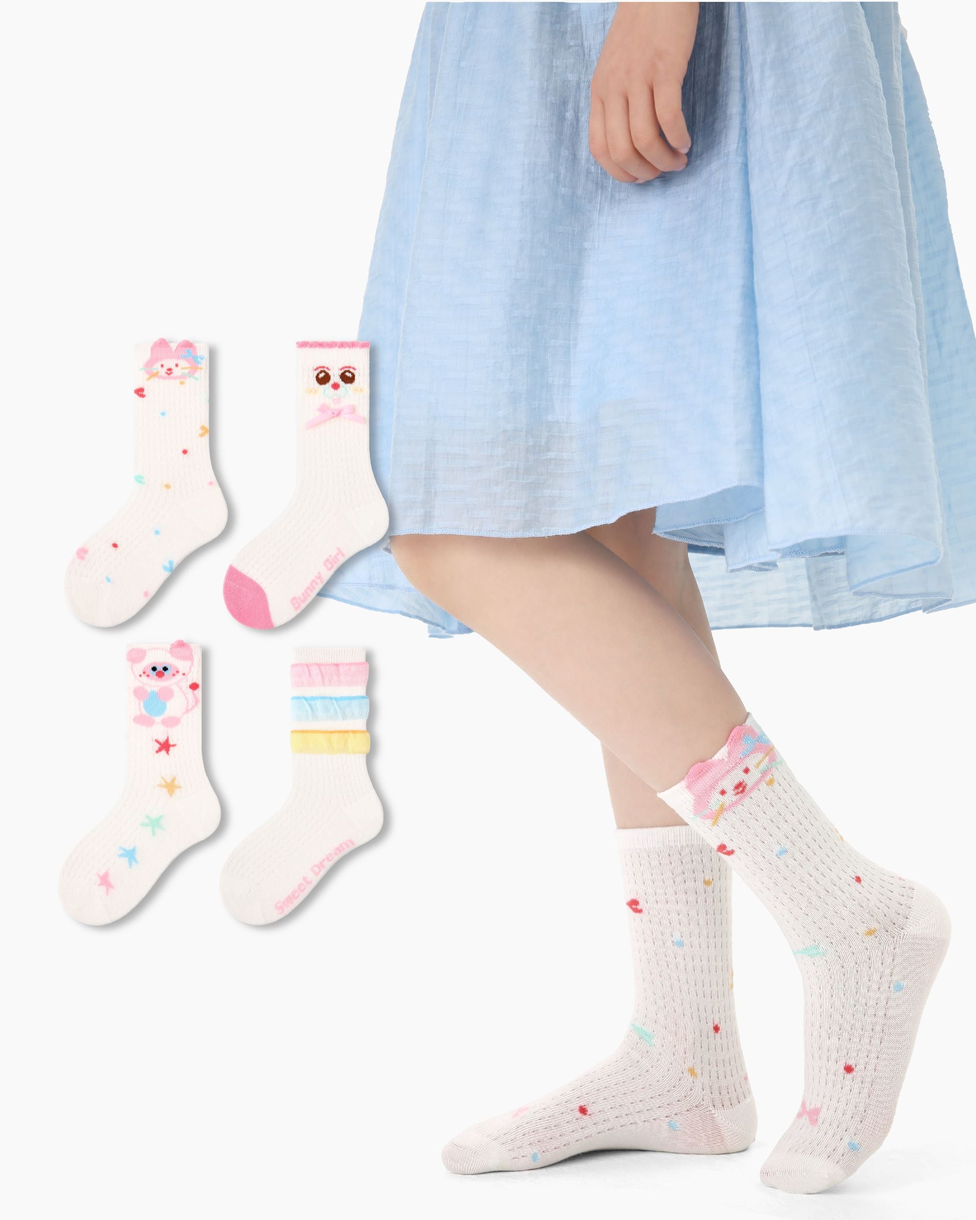 4-Pack Rainbow Bunny Series Kids Socks Thin Mesh Cute Girls Socks - SWEET NANA Main image