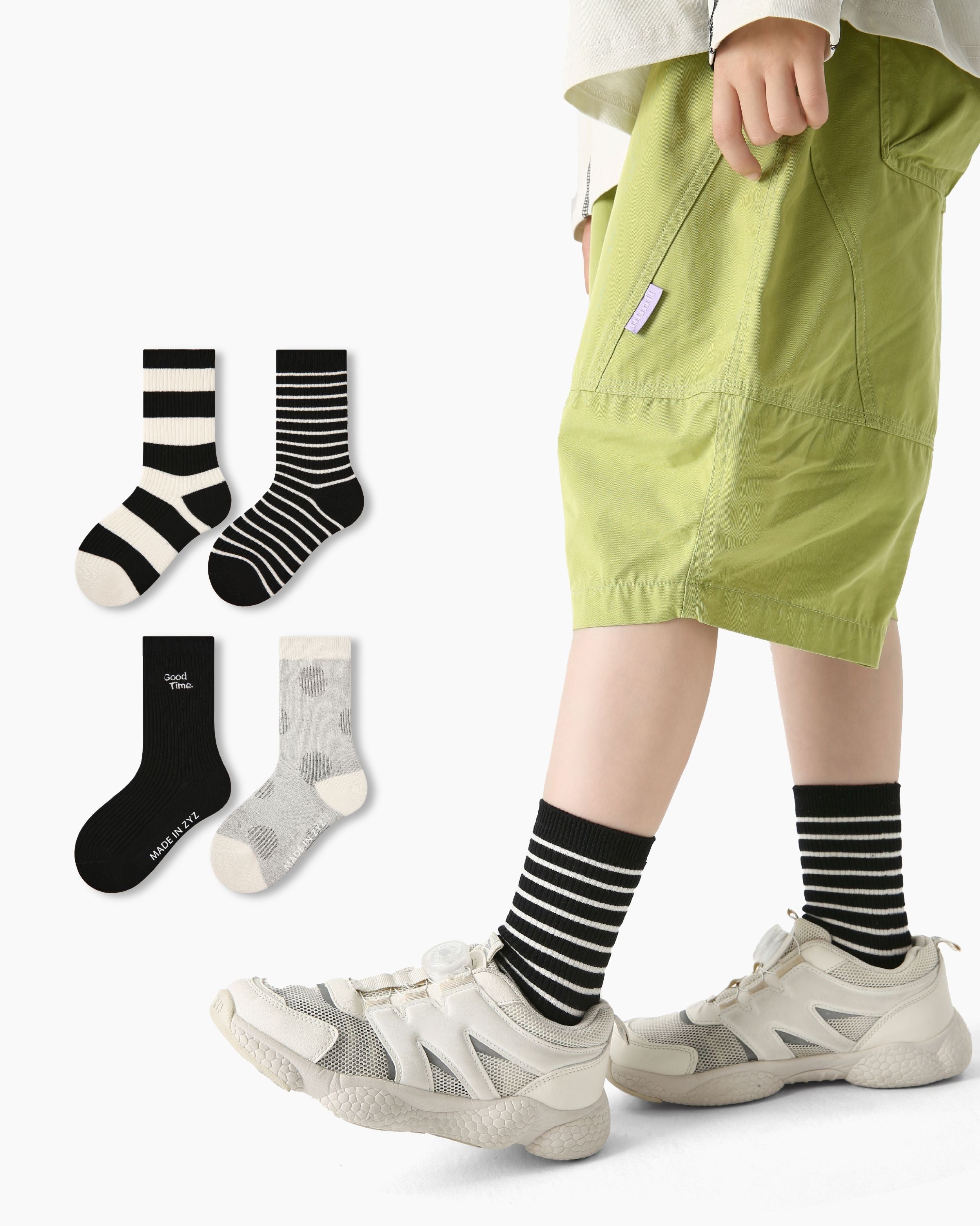 4 Pack Kids Crew Socks Black White Holiday Striped Pattern - SWEET NANA Main image