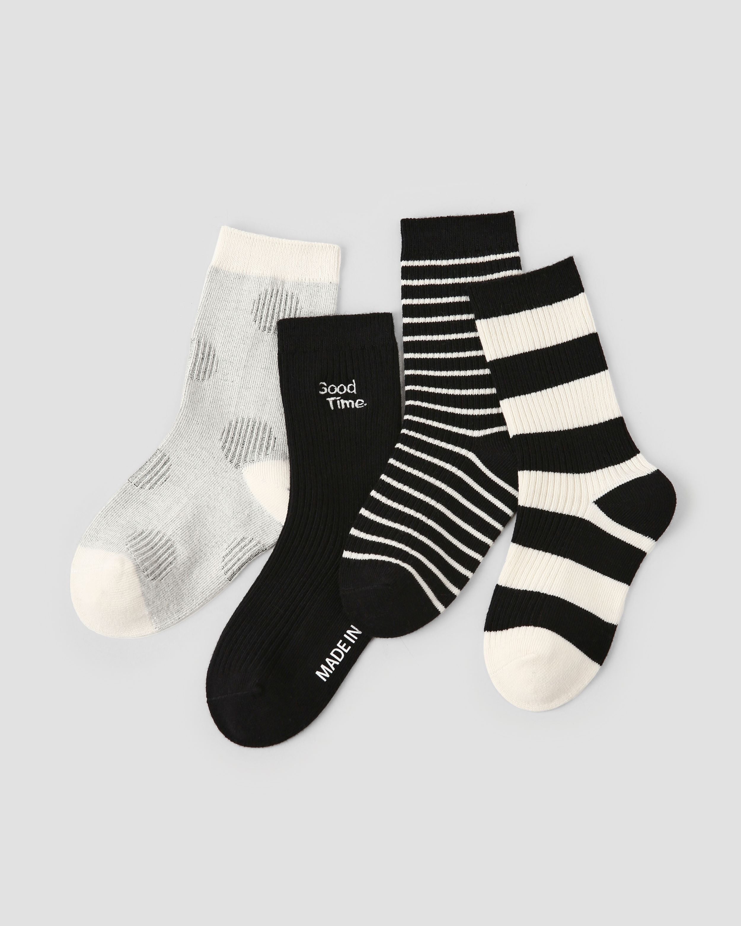 4 Pack Kids Crew Socks Black White Holiday Striped Pattern