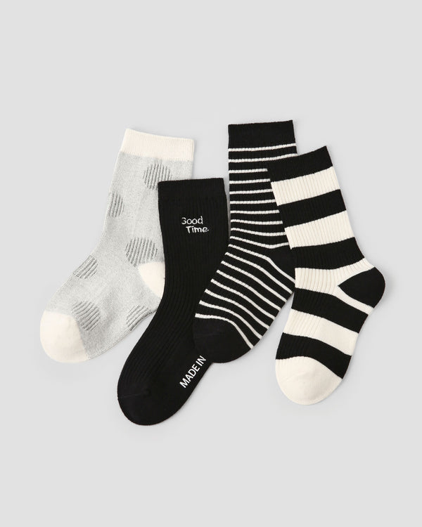 4 Pack Kids Crew Socks Black White Holiday Striped Pattern - SWEET NANA