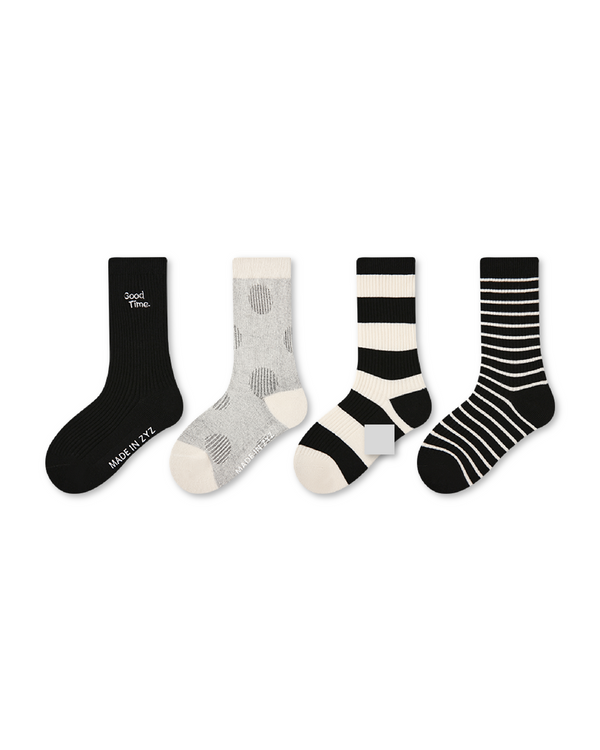 4 Pack Kids Crew Socks Black White Holiday Striped Pattern - SWEET NANA