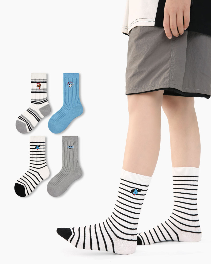 4 Pack Kids Crew Socks Blue Tone Puppy Stripe Cute Dog Pattern Playful - SWEET NANA