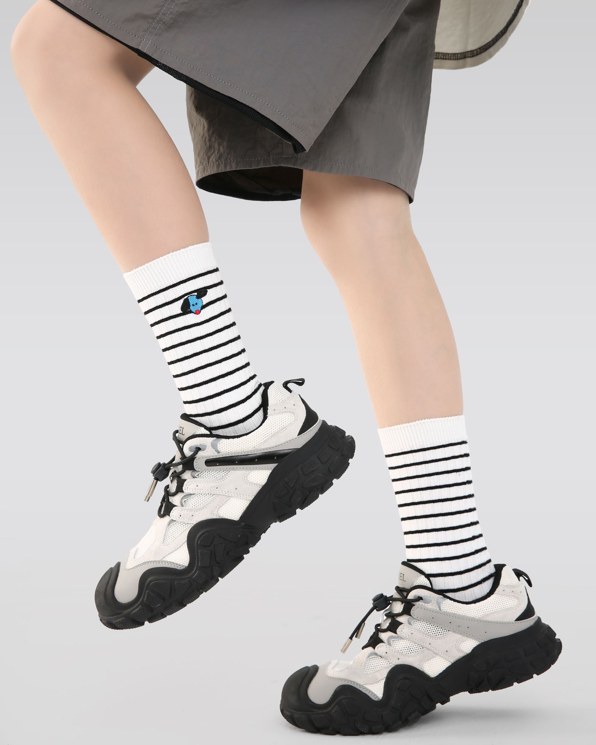 4 Pack Kids Crew Socks Blue Tone Puppy Stripe Cute Dog Pattern Playful