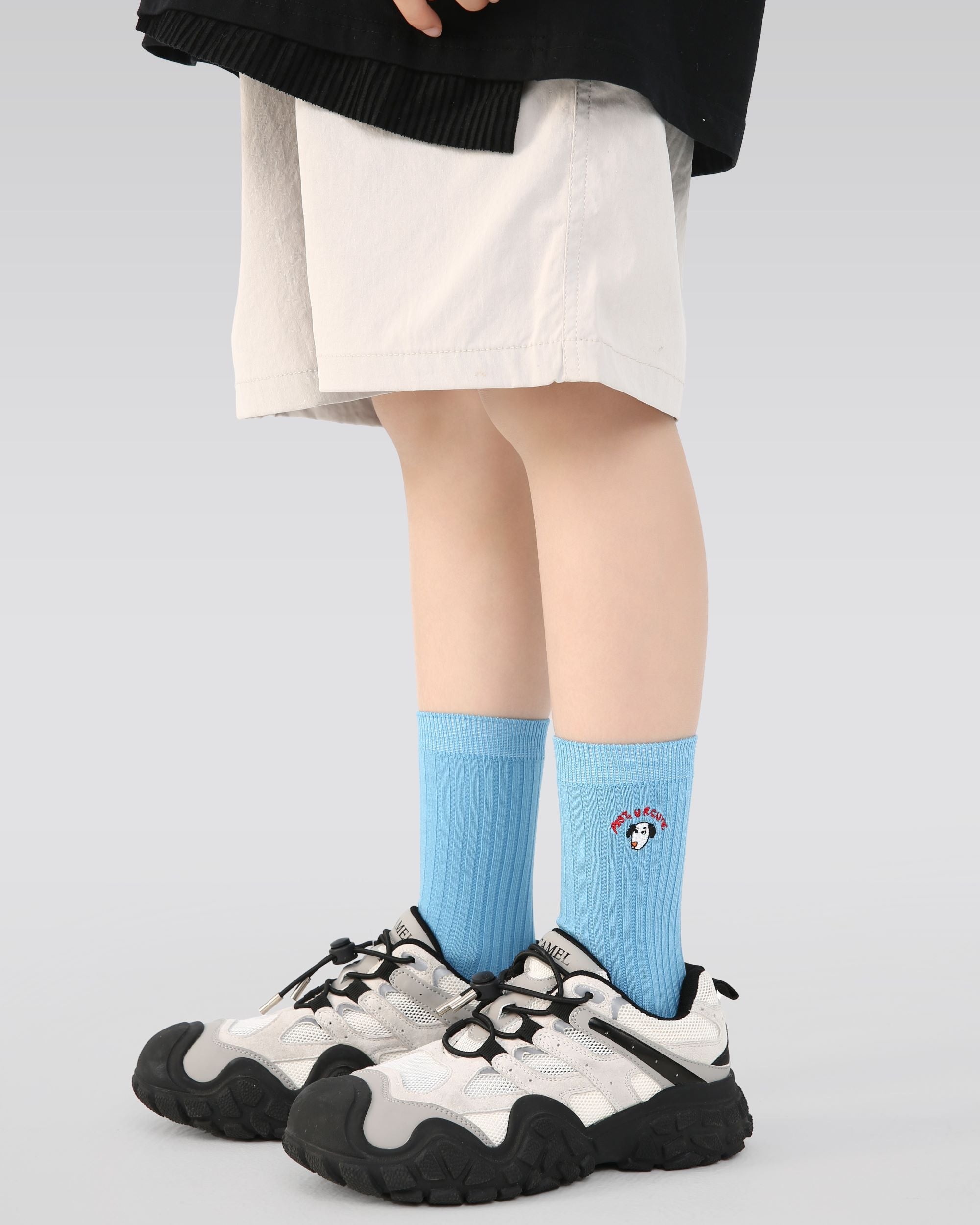 4 Pack Kids Crew Socks Blue Tone Puppy Stripe Cute Dog Pattern Playful