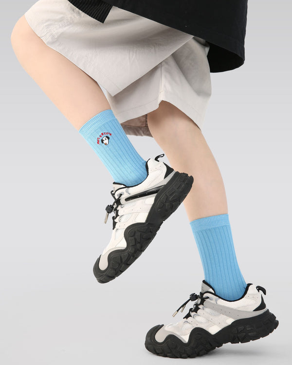 4 Pack Kids Crew Socks Blue Tone Puppy Stripe Cute Dog Pattern Playful - SWEET NANA