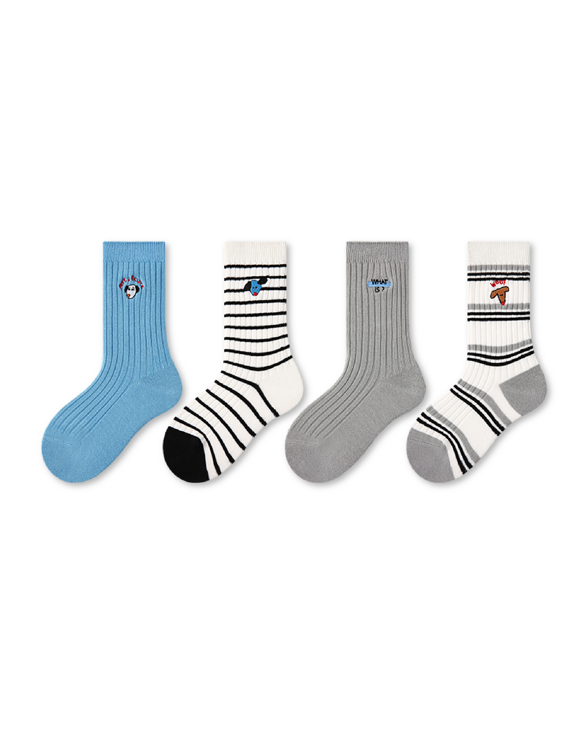 4 Pack Kids Crew Socks Blue Tone Puppy Stripe Cute Dog Pattern Playful