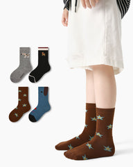 4 Pack Kids Crew Socks Brown Gray Long Dog Cute Animal Pattern