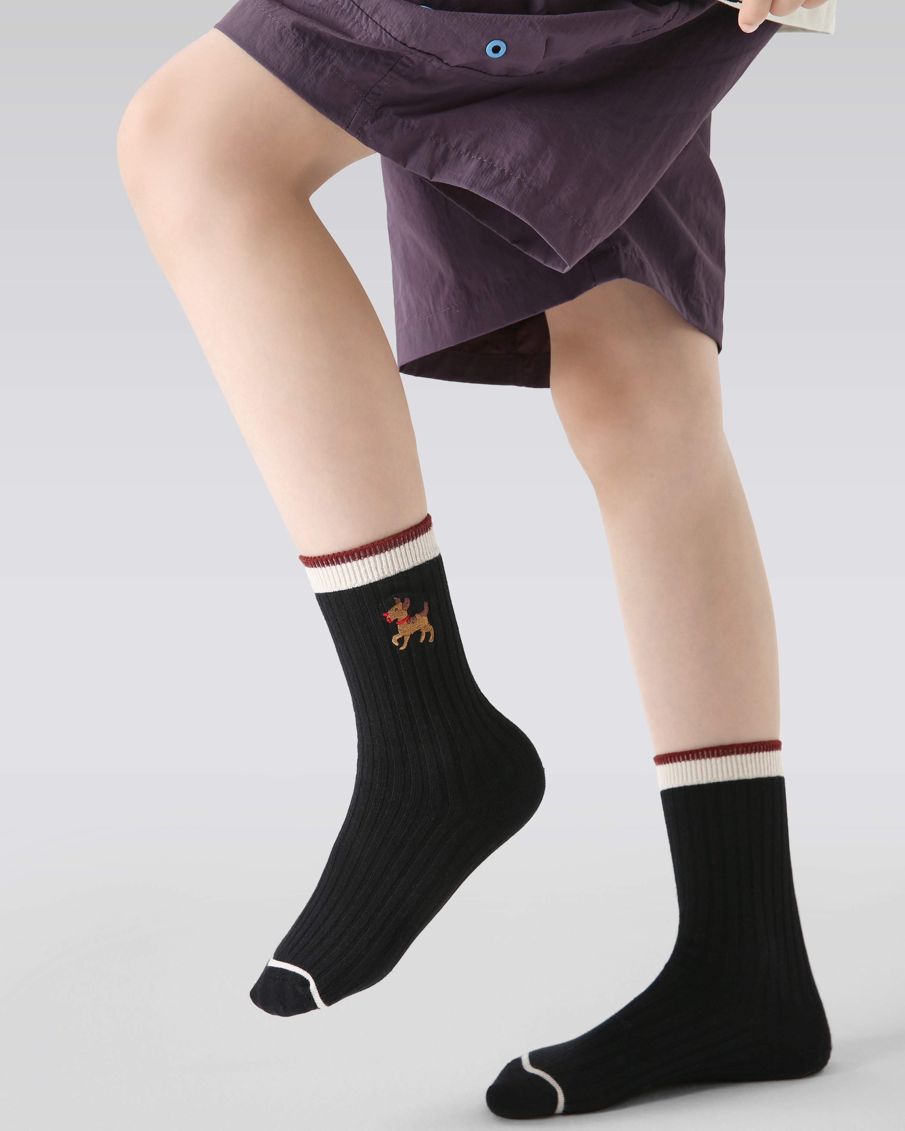 4 Pack Kids Crew Socks Brown Gray Long Dog Cute Animal Pattern Secondary image