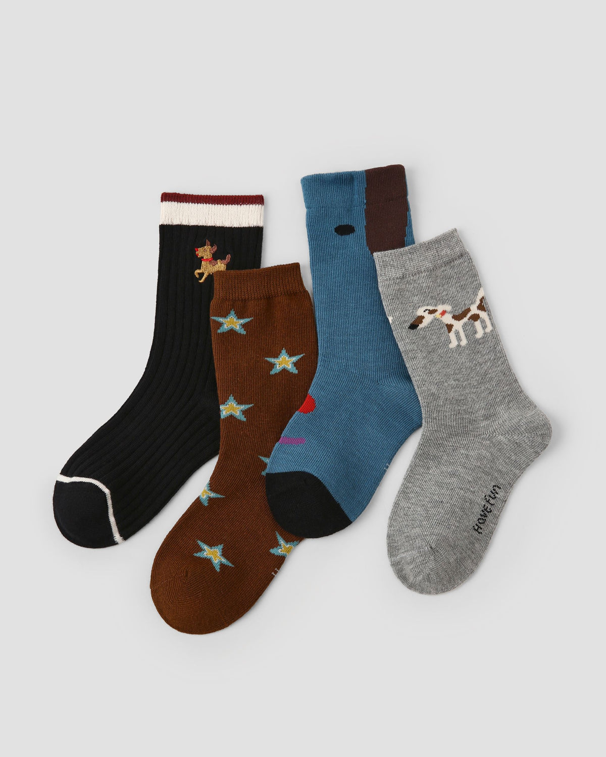 4 Pack Kids Crew Socks Brown Gray Long Dog Cute Animal Pattern