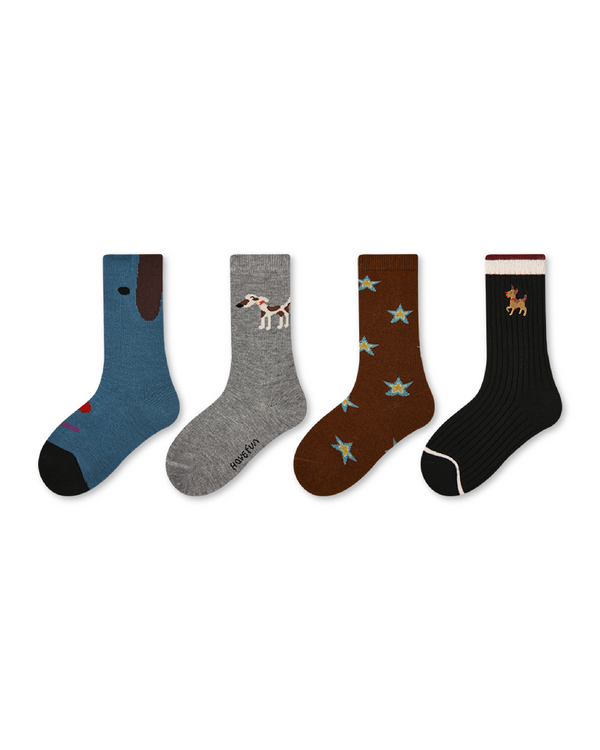 4 Pack Kids Crew Socks Brown Gray Long Dog Cute Animal Pattern - SWEET NANA