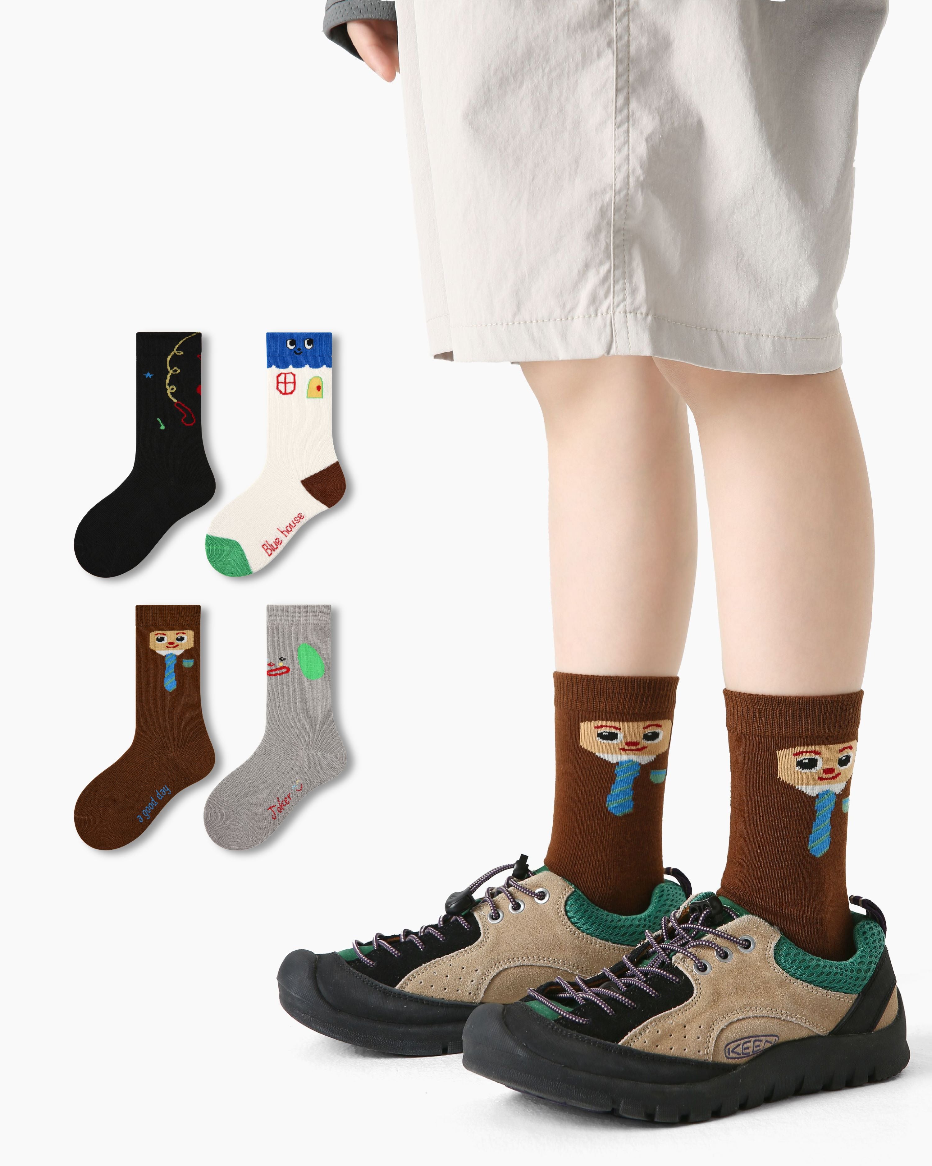 4 Pack Kids Crew Socks Building Block Doll Cute Cartoon Pattern - SWEET NANA Main image