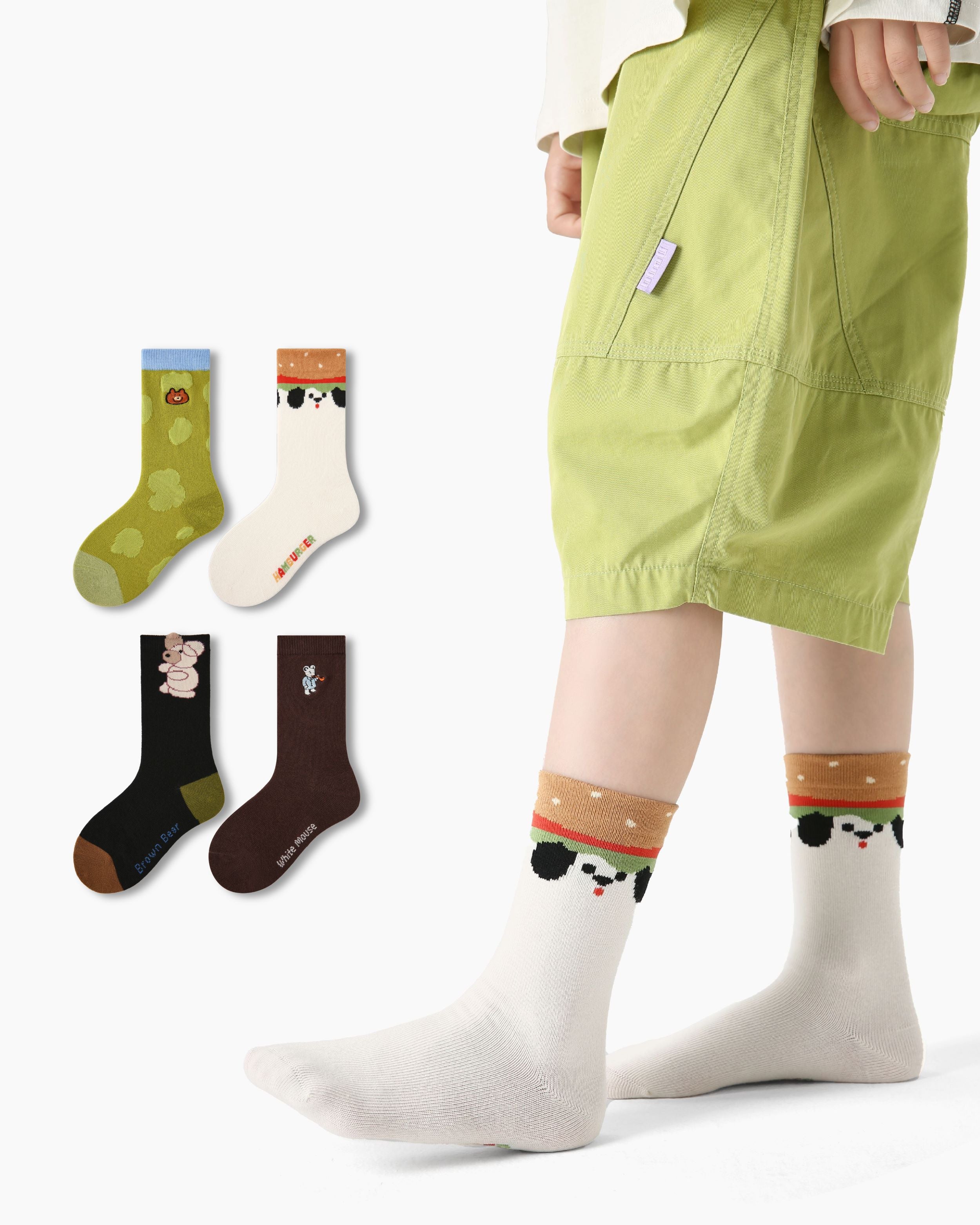 4 Pack Kids Crew Socks Hamburger Dog Cute Animal Pattern - SWEET NANA Main image