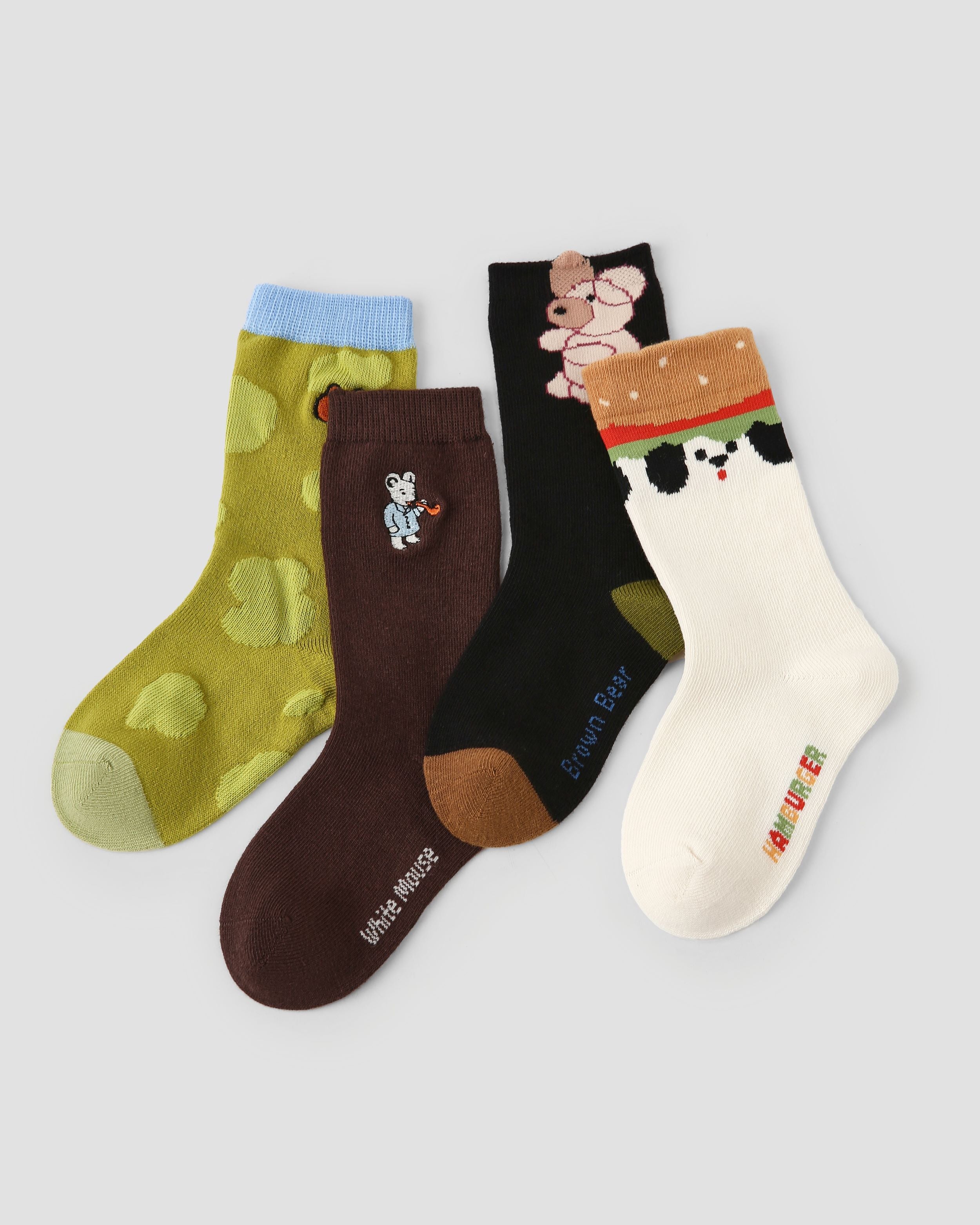 4 Pack Kids Crew Socks Hamburger Dog Cute Animal Pattern - SWEET NANA