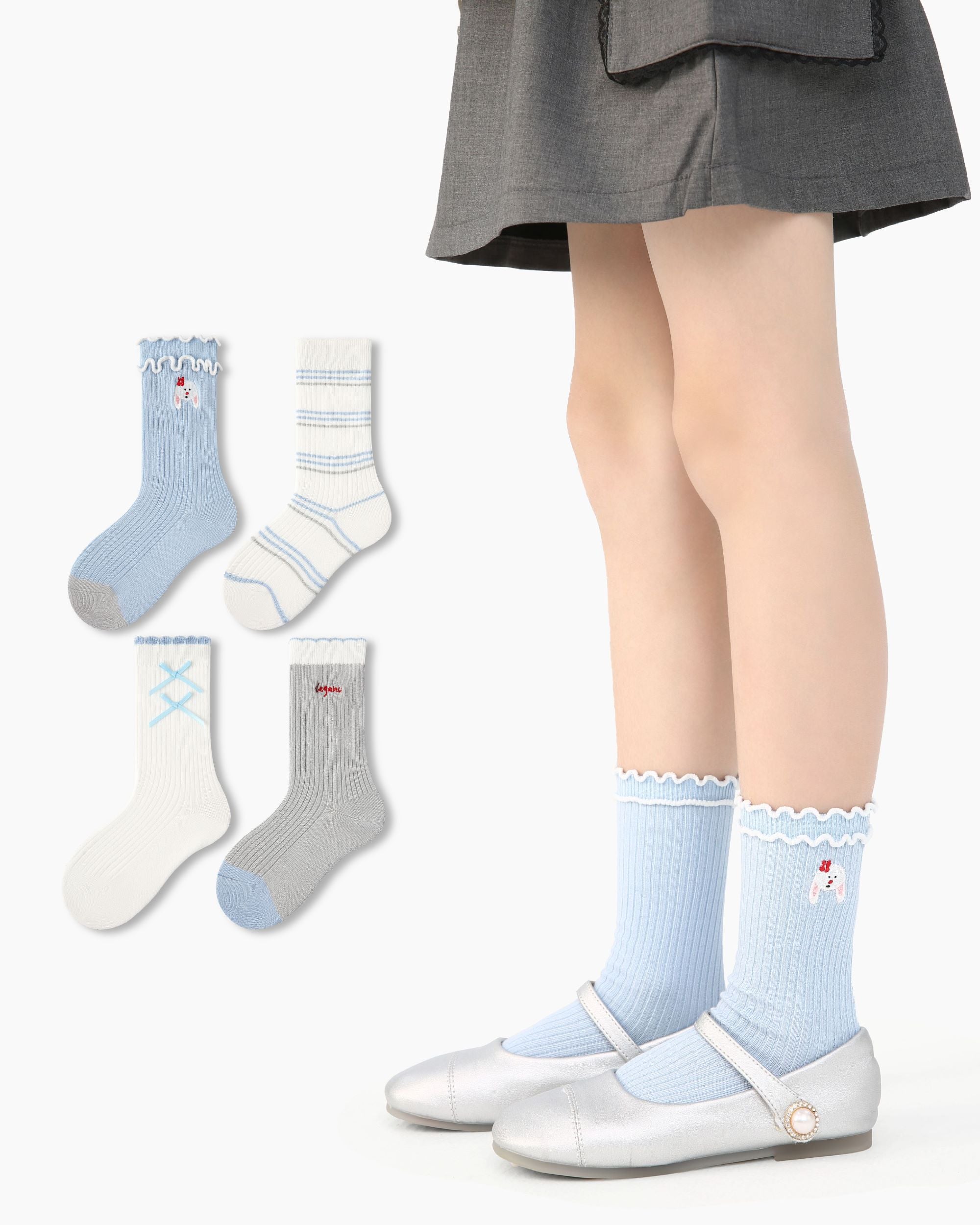 4 Pack Kids Crew Socks Misty Blue Bunny Bow Stripe Rabbit Pattern