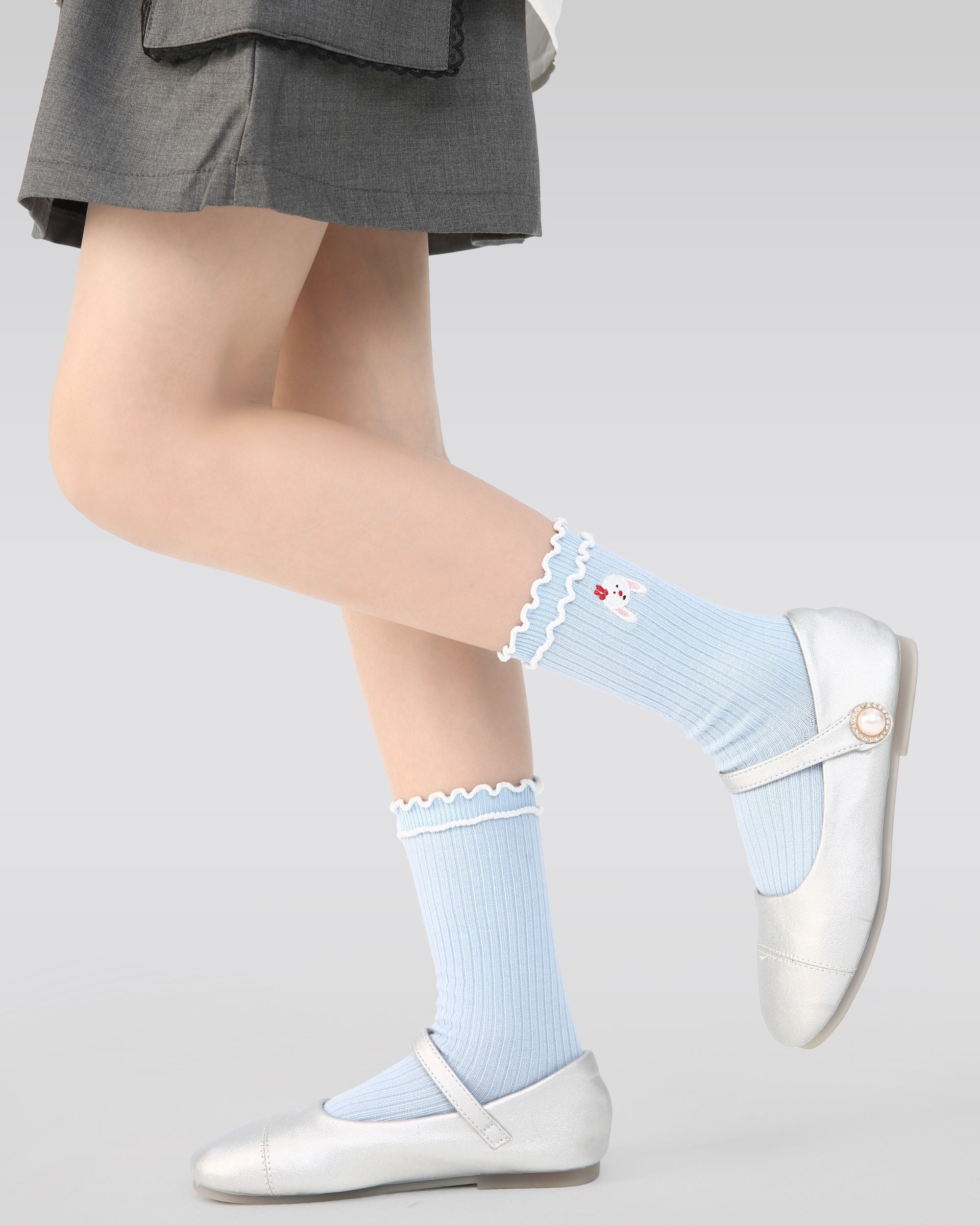 4 Pack Kids Crew Socks Misty Blue Bunny Bow Stripe Rabbit Pattern