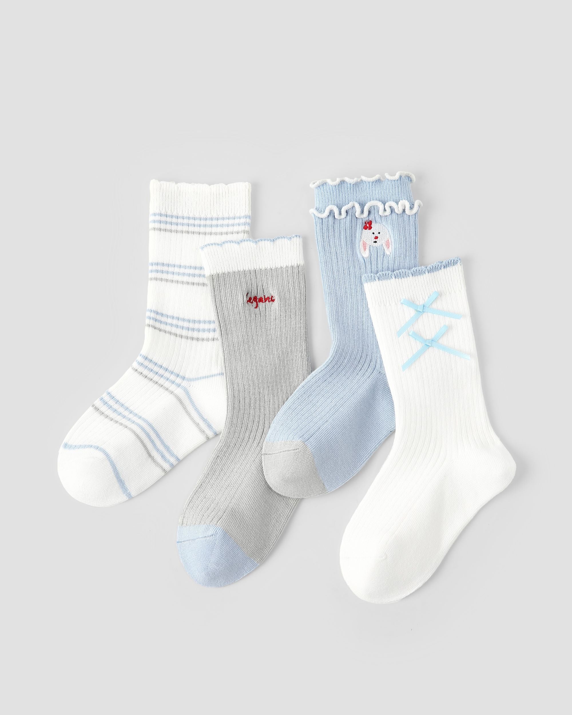 4 Pack Kids Crew Socks Misty Blue Bunny Bow Stripe Rabbit Pattern