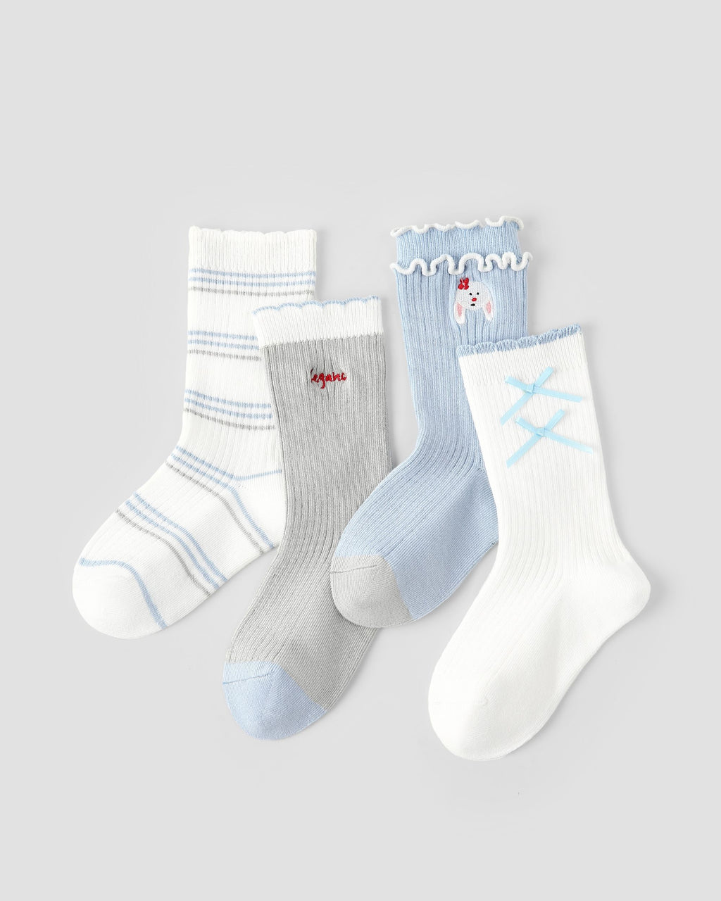 4 Pack Kids Crew Socks Misty Blue Bunny Bow Stripe Rabbit Pattern - SWEET NANA