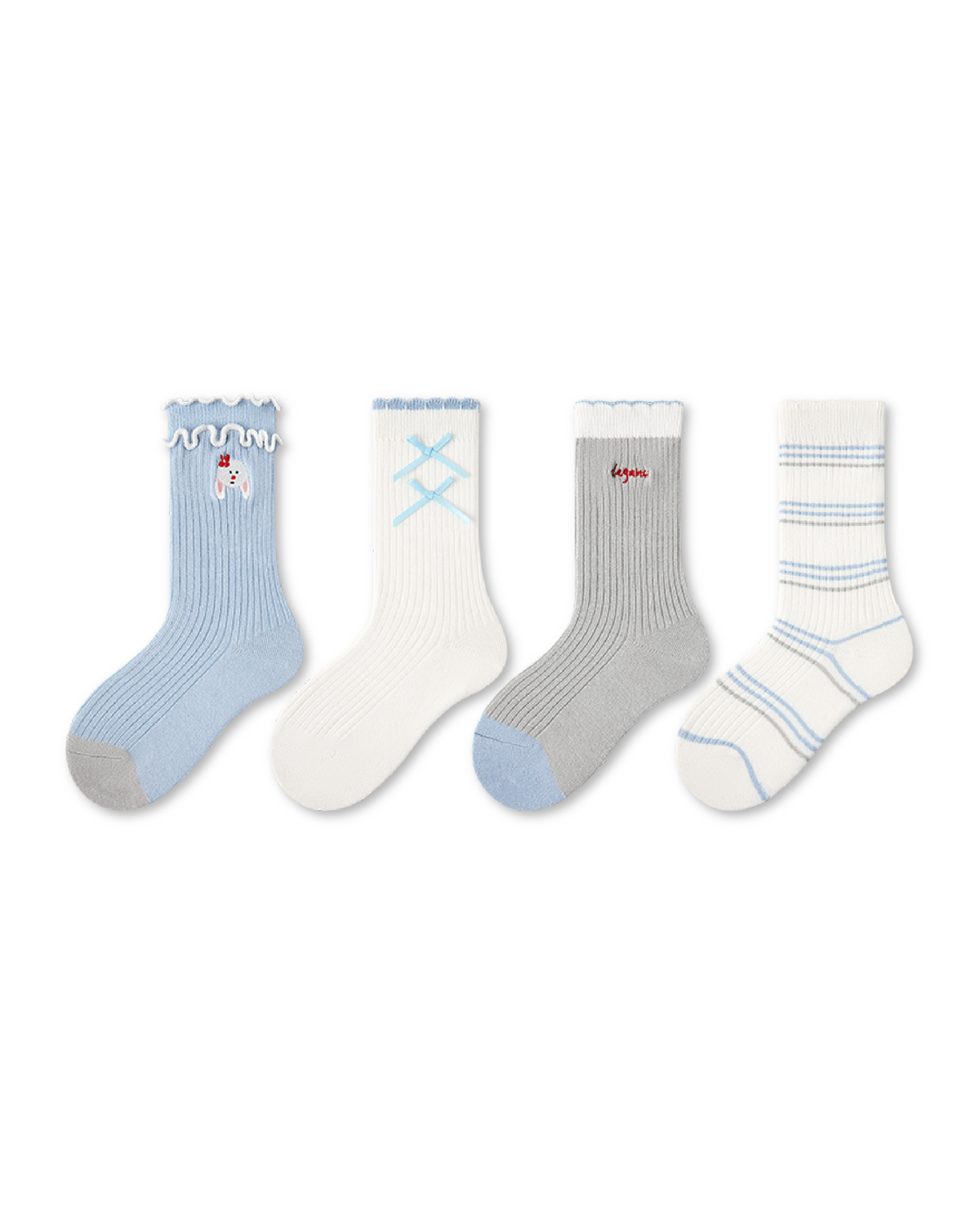4 Pack Kids Crew Socks Misty Blue Bunny Bow Stripe Rabbit Pattern