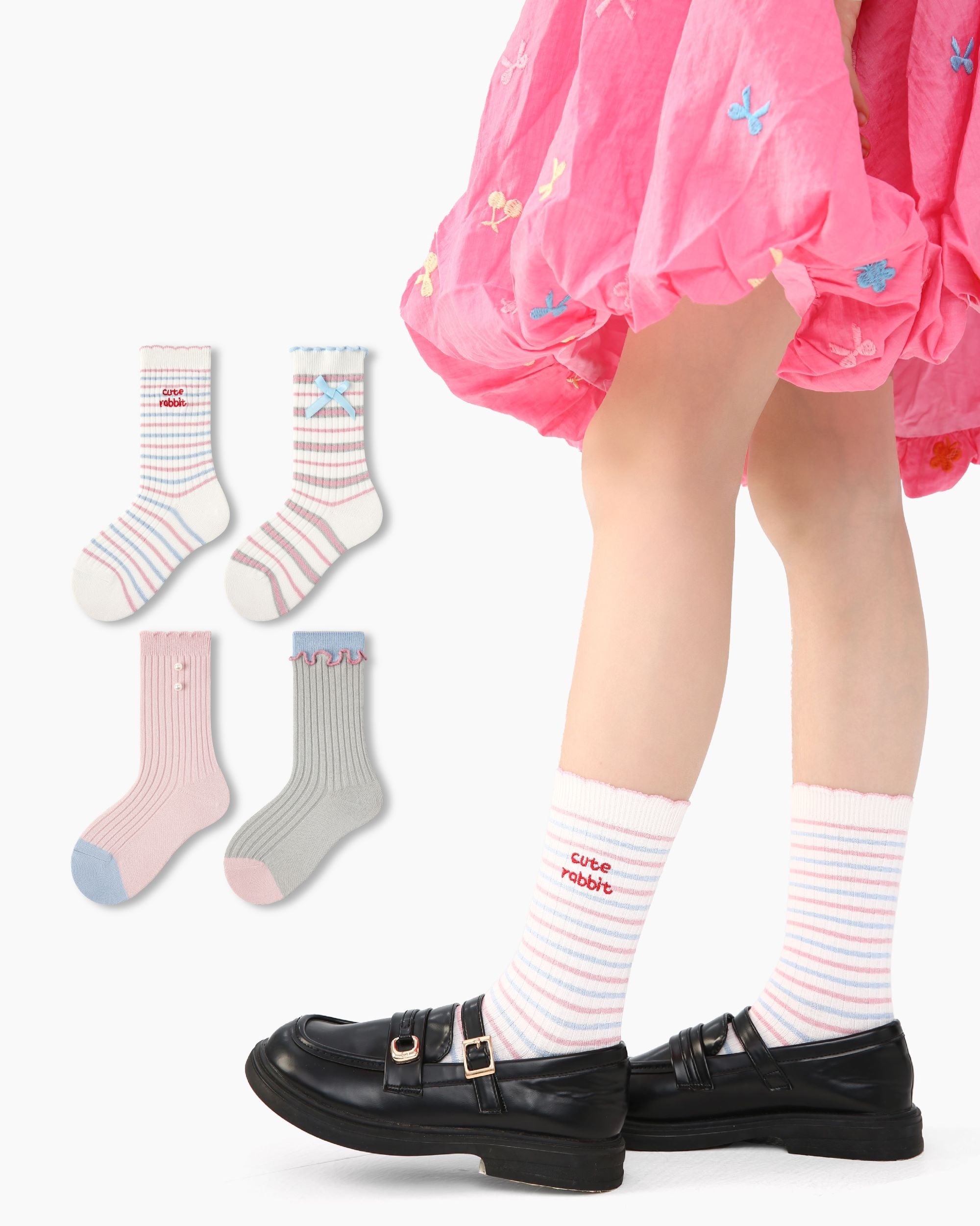 4 Pack Kids Crew  Socks Pearl Bunny Pearl Bow Stripe Rabbit Pattern