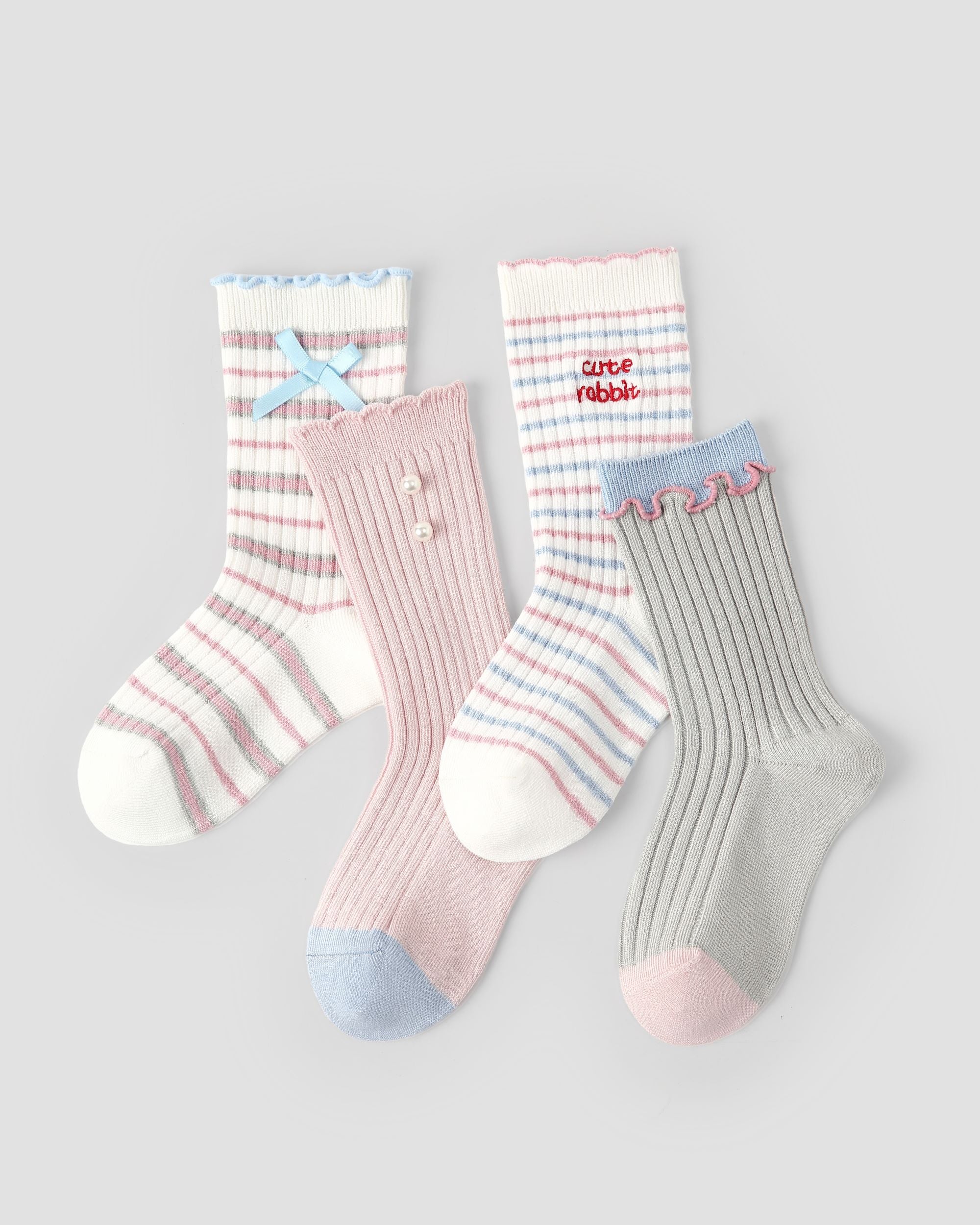 4 Pack Kids Crew  Socks Pearl Bunny Pearl Bow Stripe Rabbit Pattern