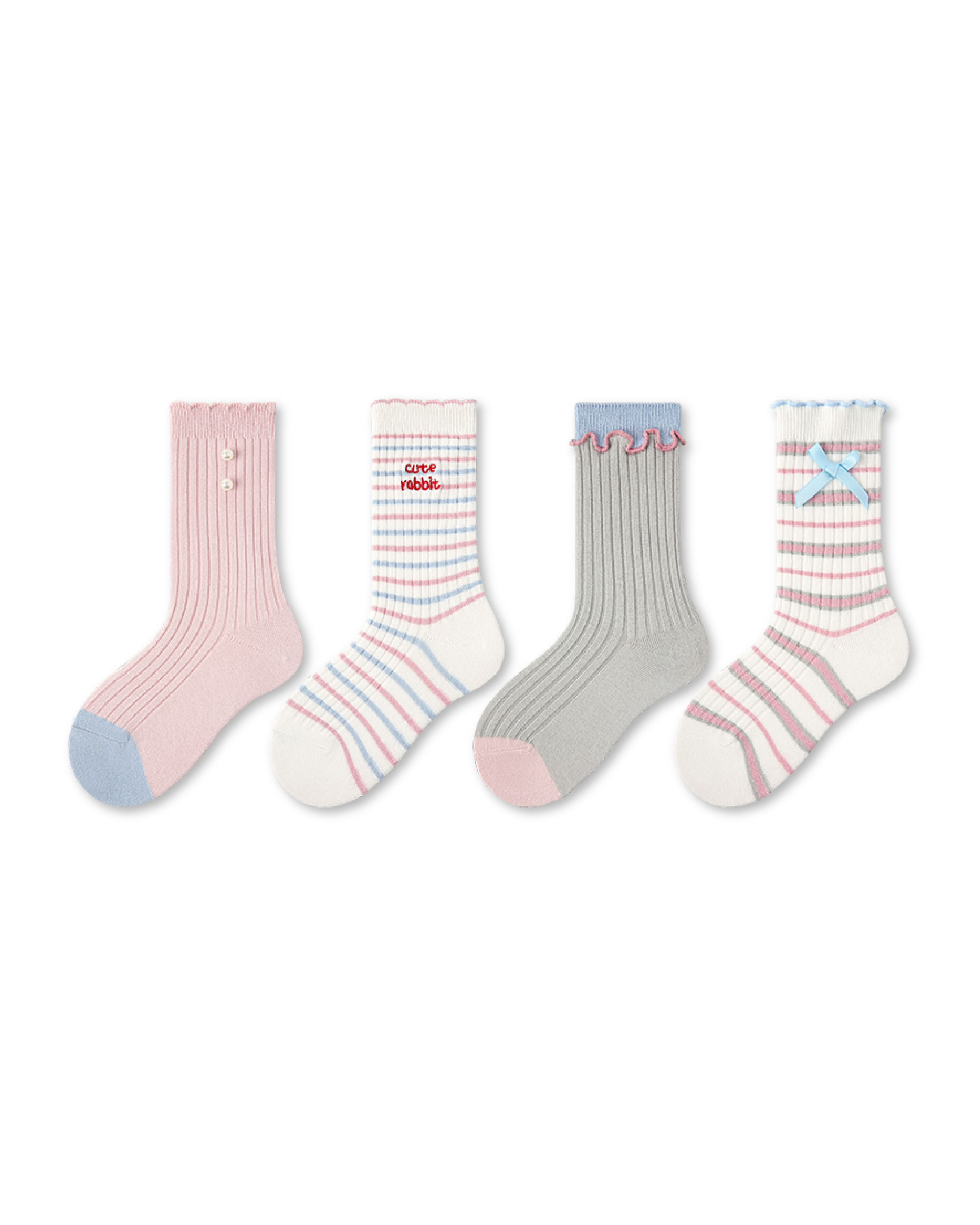 4 Pack Kids Crew  Socks Pearl Bunny Pearl Bow Stripe Rabbit Pattern