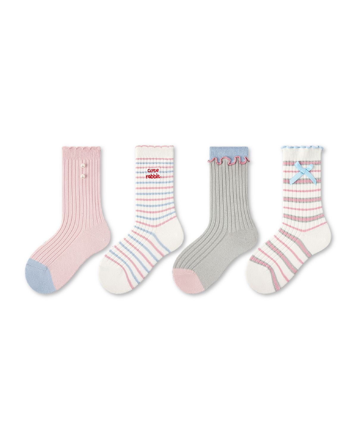 4 Pack Kids Crew  Socks Pearl Bunny Pearl Bow Stripe Rabbit Pattern