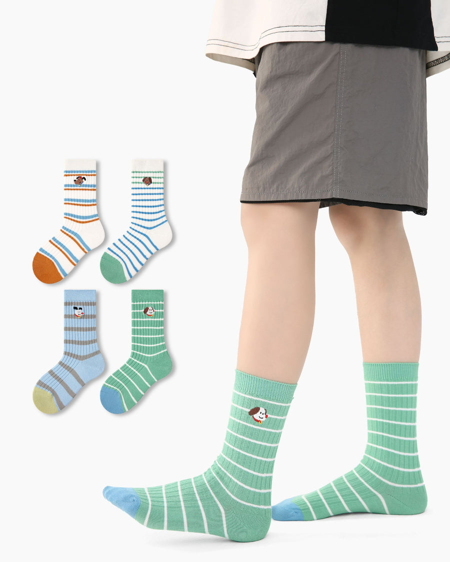 4 Pack Kids Crew Socks Puppy Planet Stripe Cute Dog Pattern Playful Socks - SWEET NANA