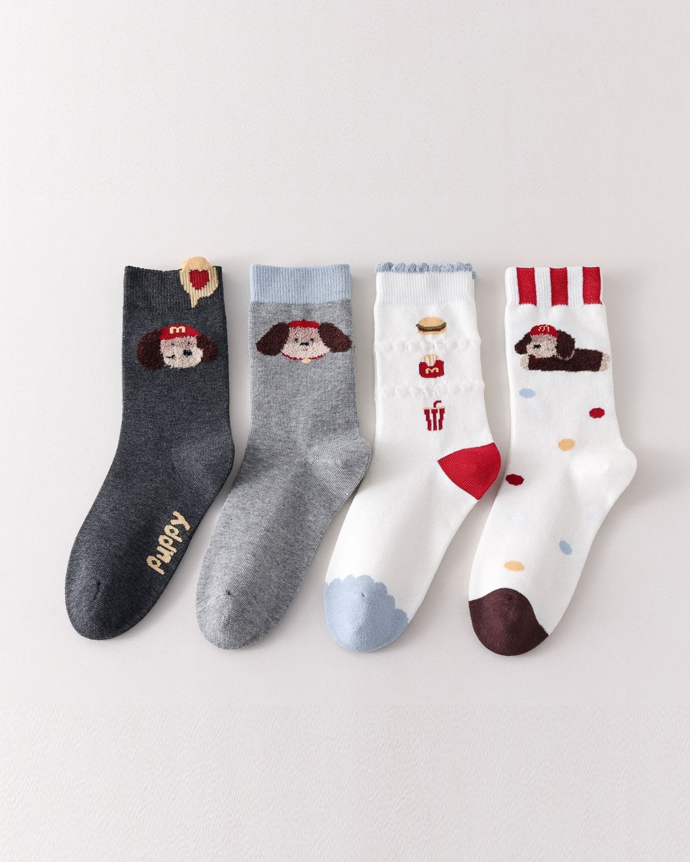 4 Pack Womens Crew Socks Cartoon Sausage Dog Burger Cute Knit