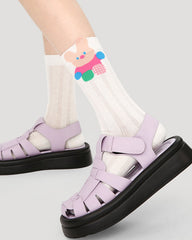 5-Pack Cute Summer Series Womens Cotton Crew Socks Cartoon Mesh Stripe