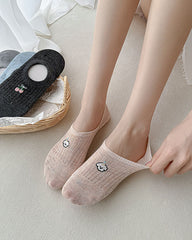 Sweetnana 5-Pack No Show Socks for Women Cartoon Embroidery Vertical Stripe Invisible Liner Non-Slip Socks Summer Thin Breathable Socks