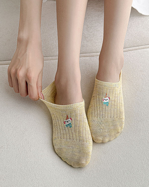 5-Pack Women's No Show Socks Cartoon Embroidery Invisible Liner Non Slip Socks