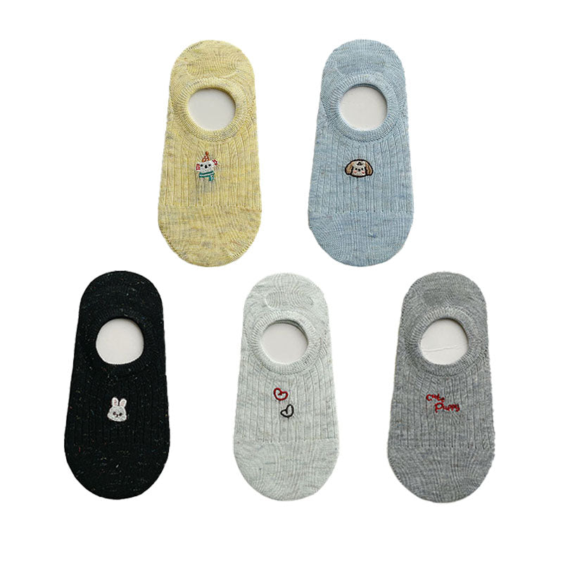 5-Pack Women's No Show Socks Cartoon Embroidery Invisible Liner Non Slip Socks