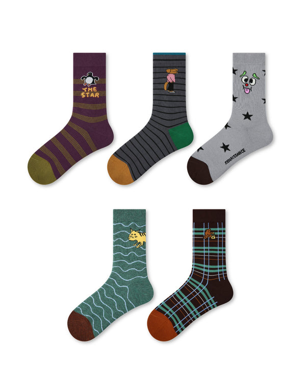 5 Pack Cartoon Animal Cotton Crew Socks