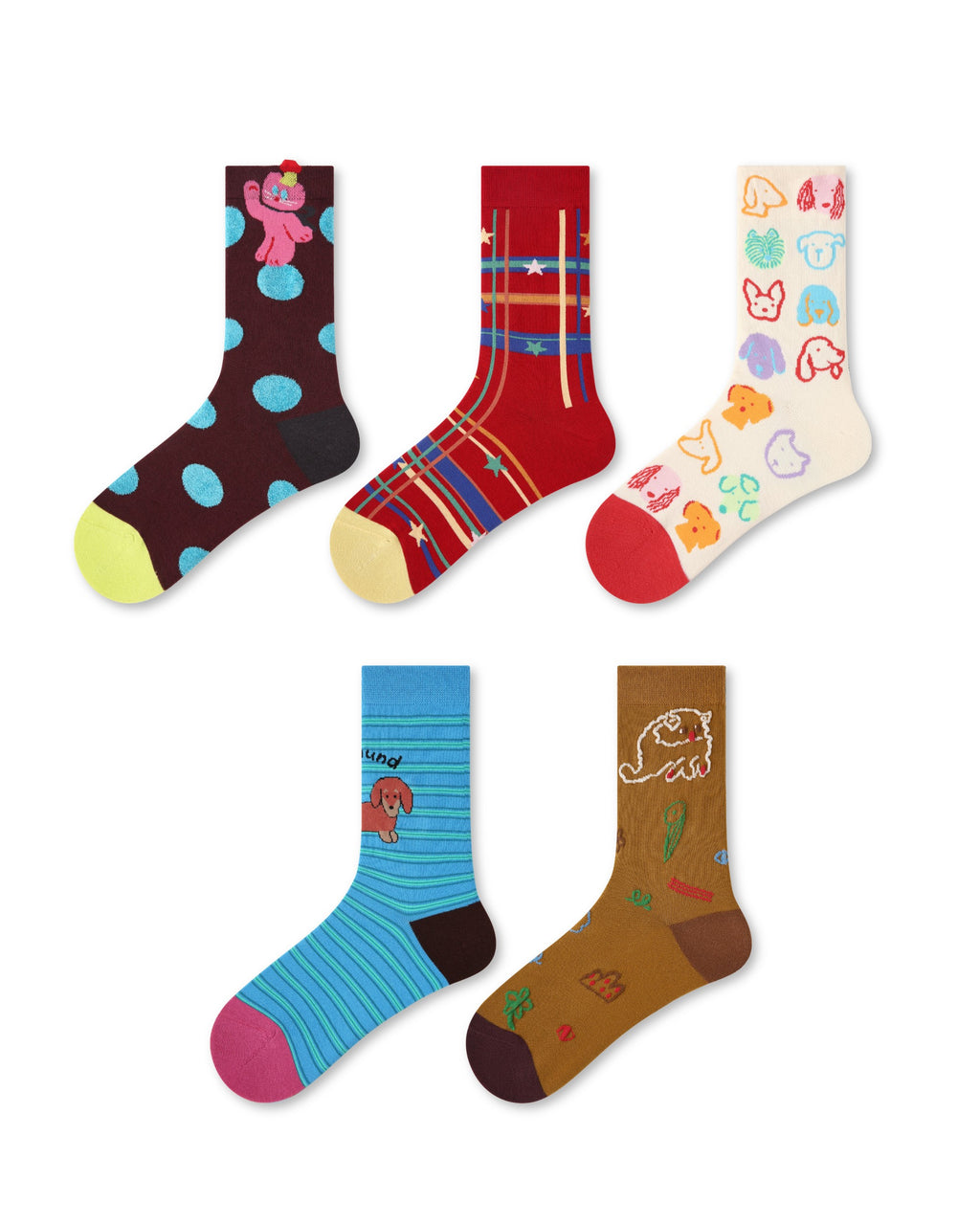 5 Pack Colorful Cat and Dog Cotton Crew Socks