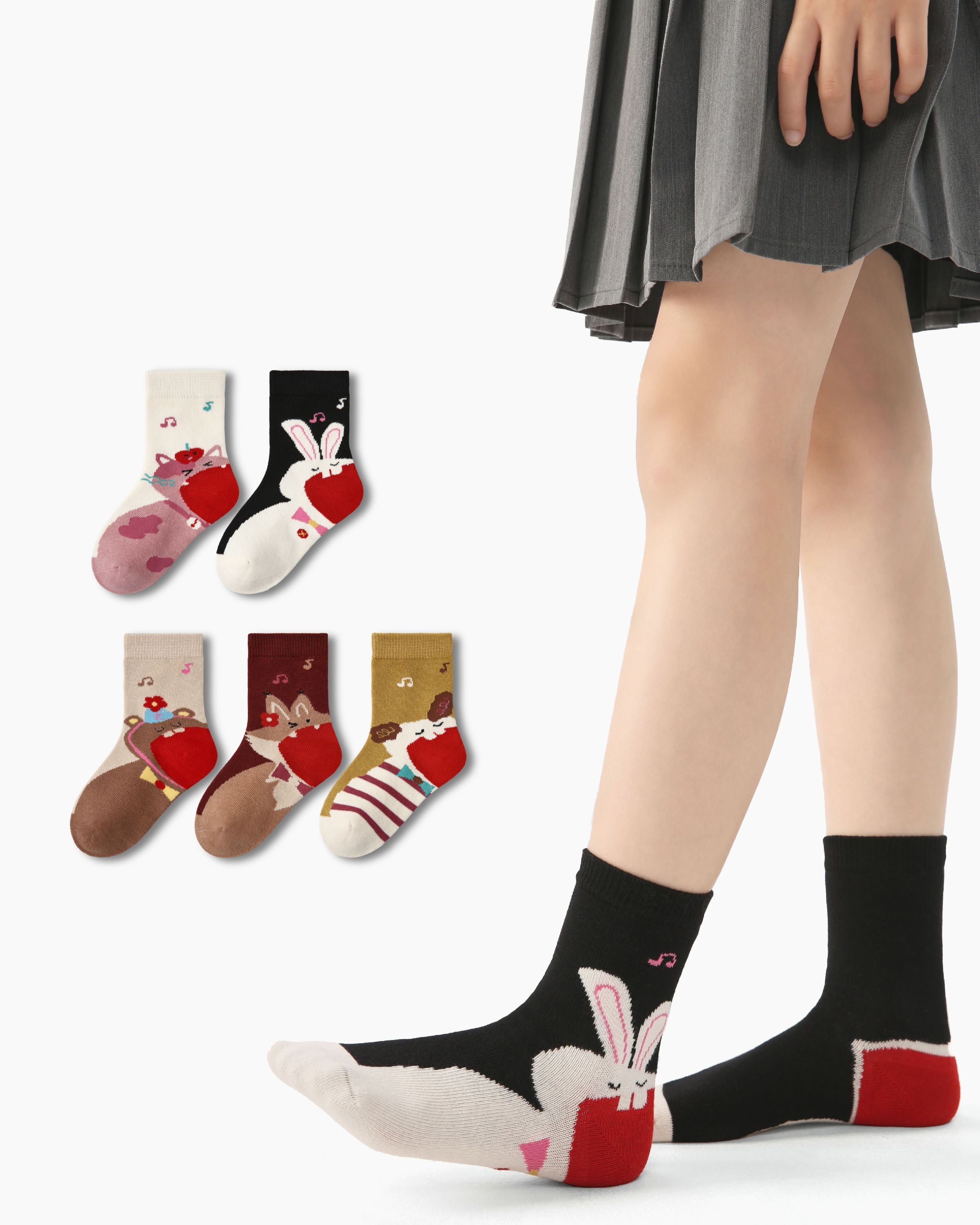5 Pack Kids Crew Socks Adorable Animal Concert Heart Music Pattern - SWEET NANA Main image