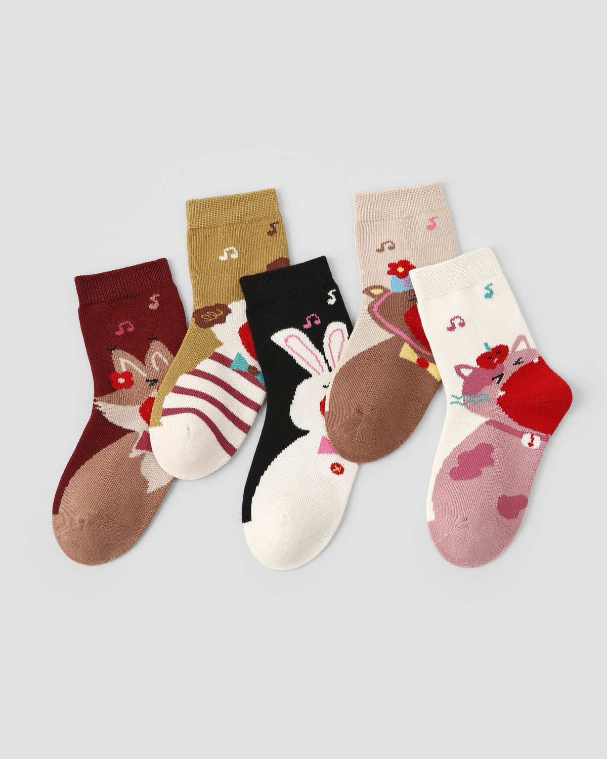 5 Pack Kids Crew Socks Adorable Animal Concert Heart Music Pattern