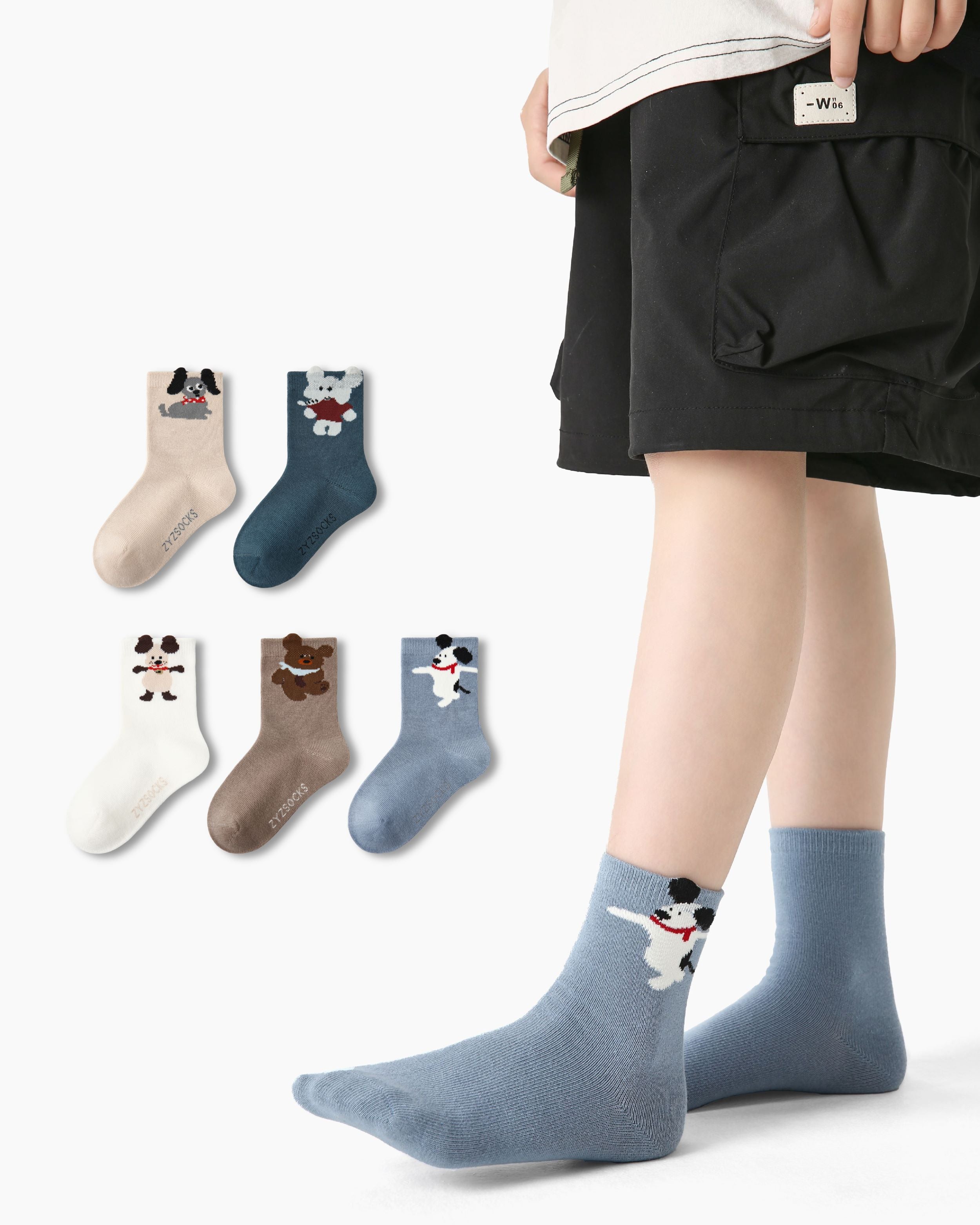 5 Pack Kids Crew Socks Amusement Park Party Cute Puppy Pattern