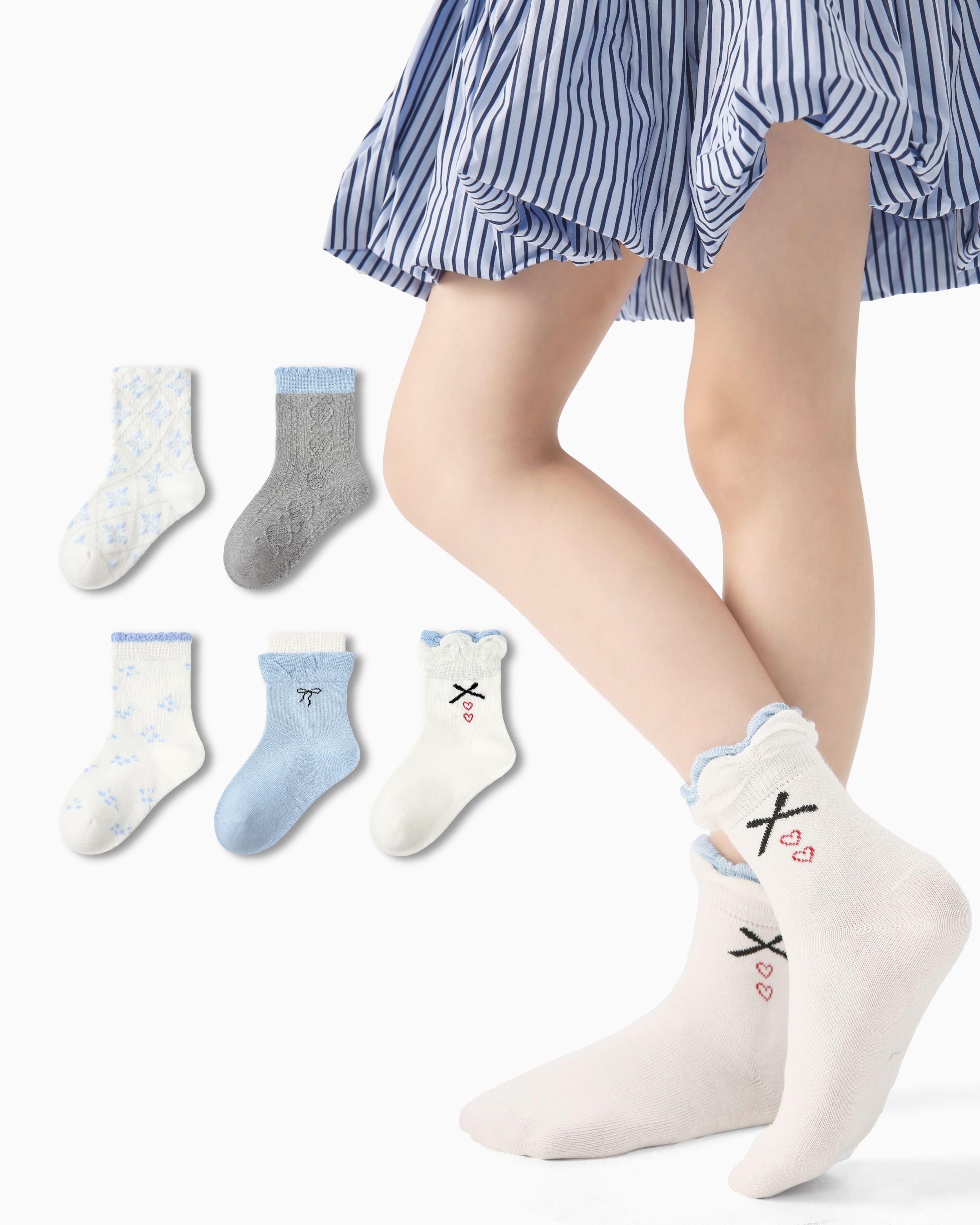 5 Pack Kids Crew Socks Blue Elf Bow Floral Ruffle Combed Cotton - SWEET NANA