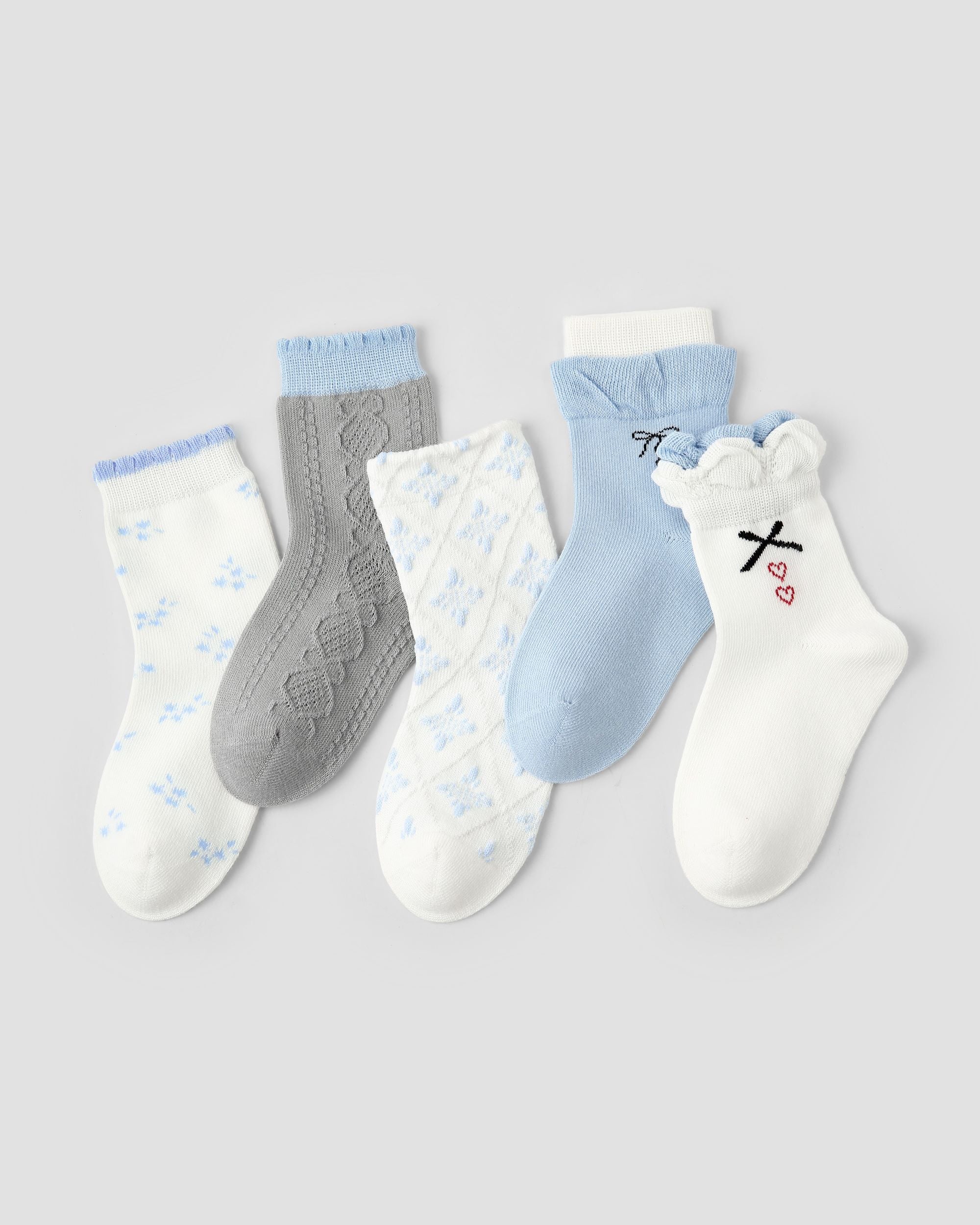 5 Pack Kids Crew Socks Blue Elf Bow Floral Ruffle Combed Cotton - SWEET NANA