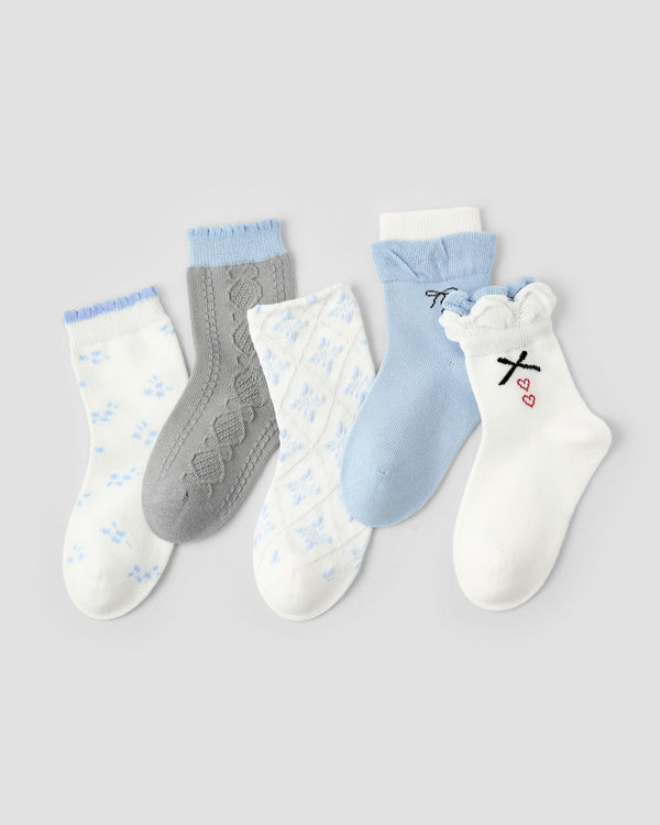5 Pack Kids Crew Socks Blue Elf Bow Floral Ruffle Combed Cotton - SWEET NANA