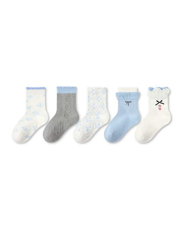 5 Pack Kids Crew Socks Blue Elf Bow Floral Ruffle Combed Cotton - SWEET NANA