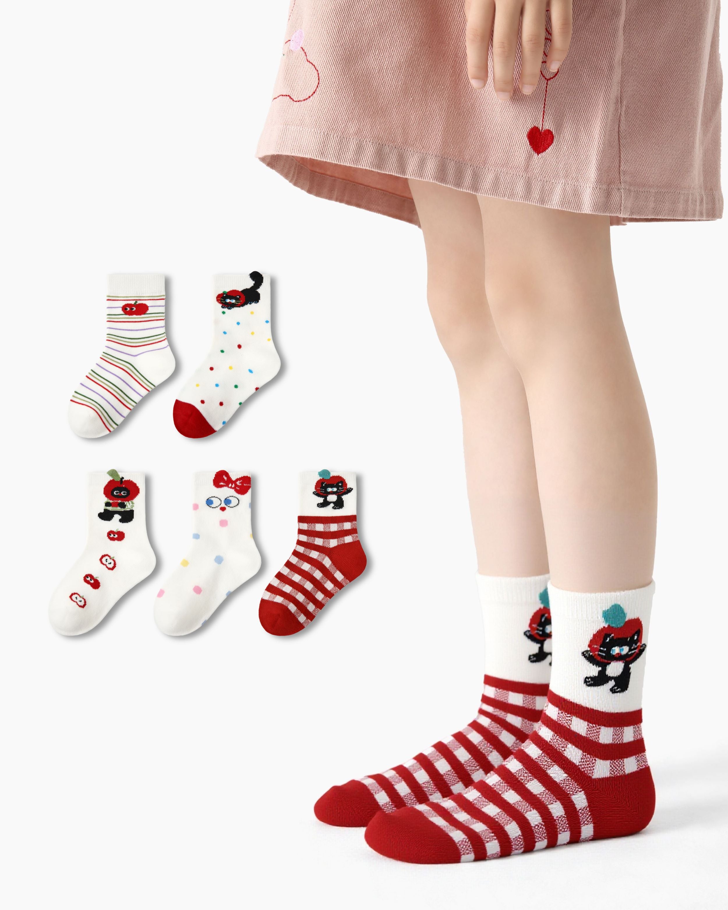 5 Pack Kids Crew Socks Cat Fruit Paradise Cute Black Cat Apple Pattern - SWEET NANA Main image