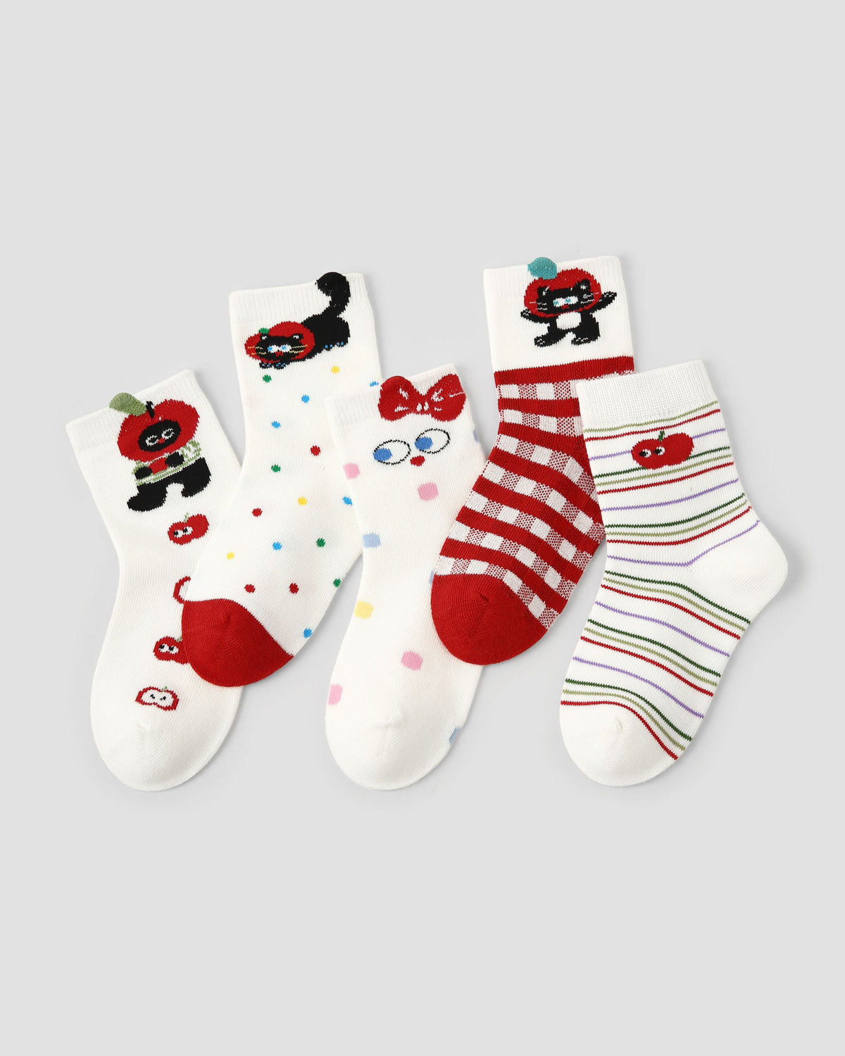 5 Pack Kids Crew Socks Cat Fruit Paradise Cute Black Cat Apple Pattern