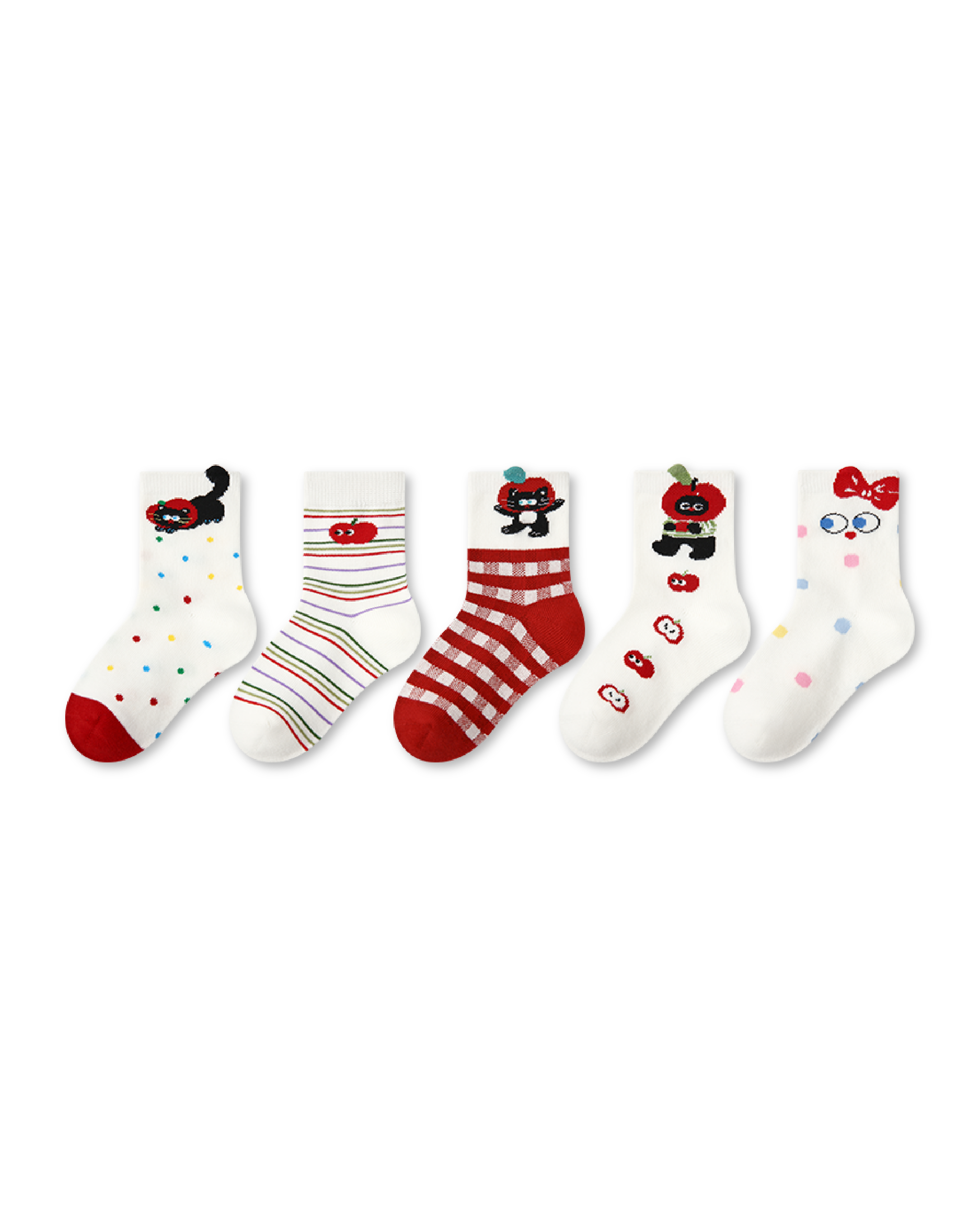 5 Pack Kids Crew Socks Cat Fruit Paradise Cute Black Cat Apple Pattern - SWEET NANA