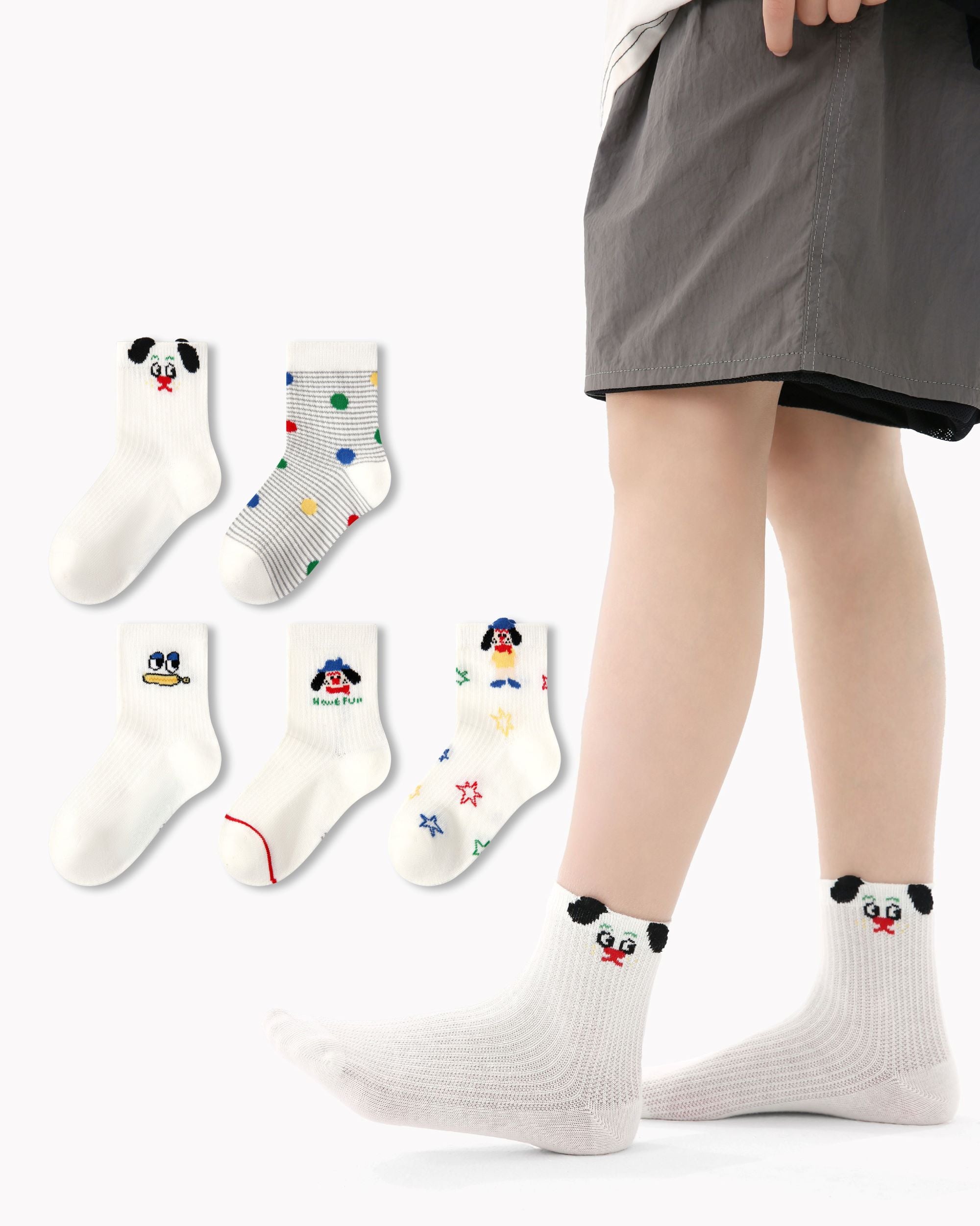 5 Pack Kids Crew Socks Colorful Puppy Mesh Breathable Fun Socks - SWEET NANA Main image